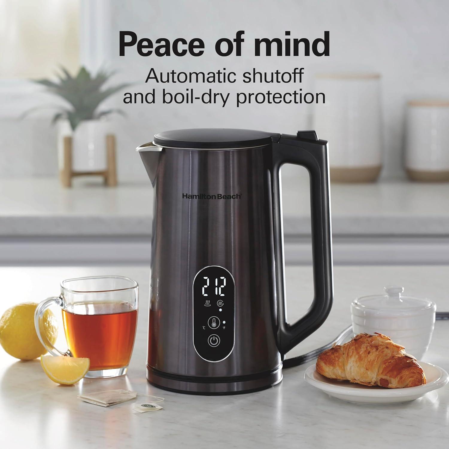imageHamilton Beach Digital Temperature Control Electric Tea Kettle Hot Water Boiler amp Heater 17L 5 Preset Modes Keep Warm Fast Boil 1500 Watts BPA Free Double Wall Construction Black 40851