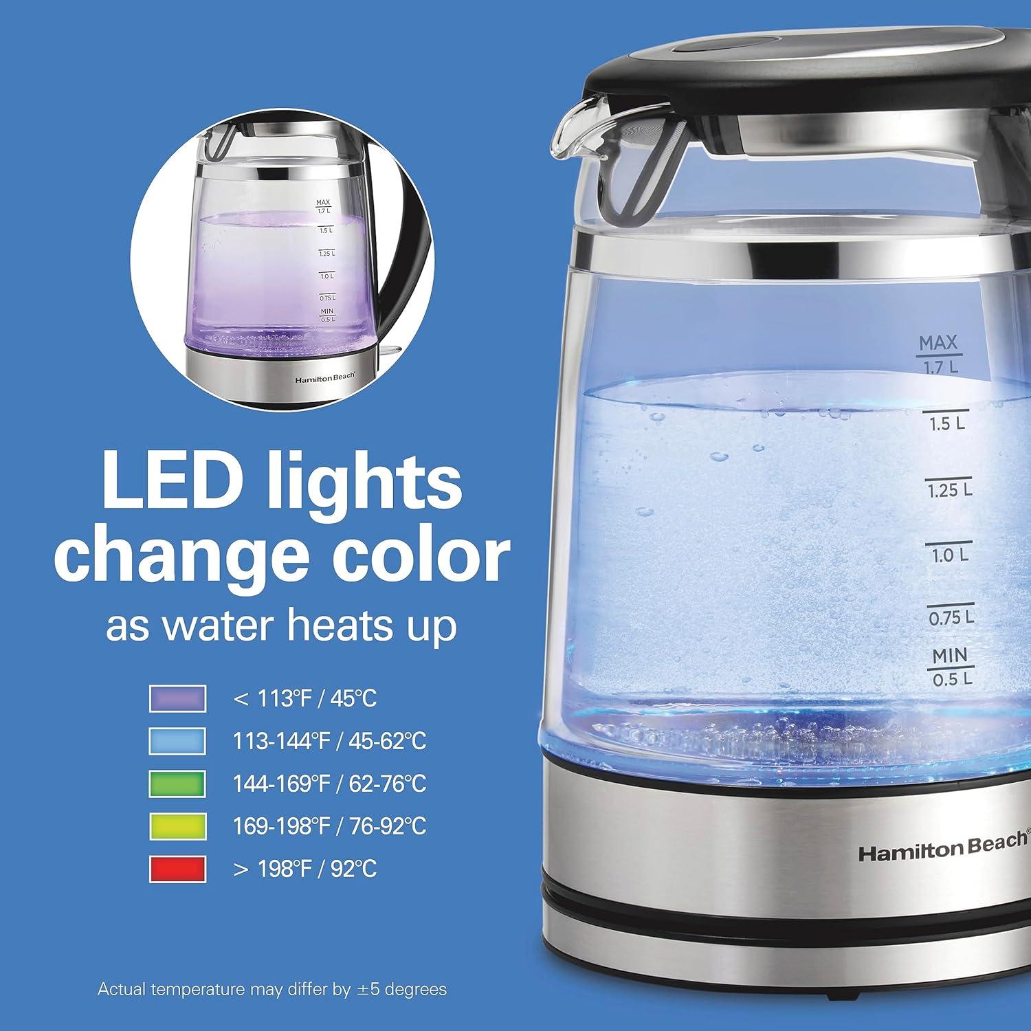 imageHamilton Beach Double Wall 17L Electric Kettle Water Boiler amp Heater BuiltIn Mesh Filter AutoShutoff amp BoilDry Protection Cordless Serving Variable LED Indicator Glass 4085018 Quarts
