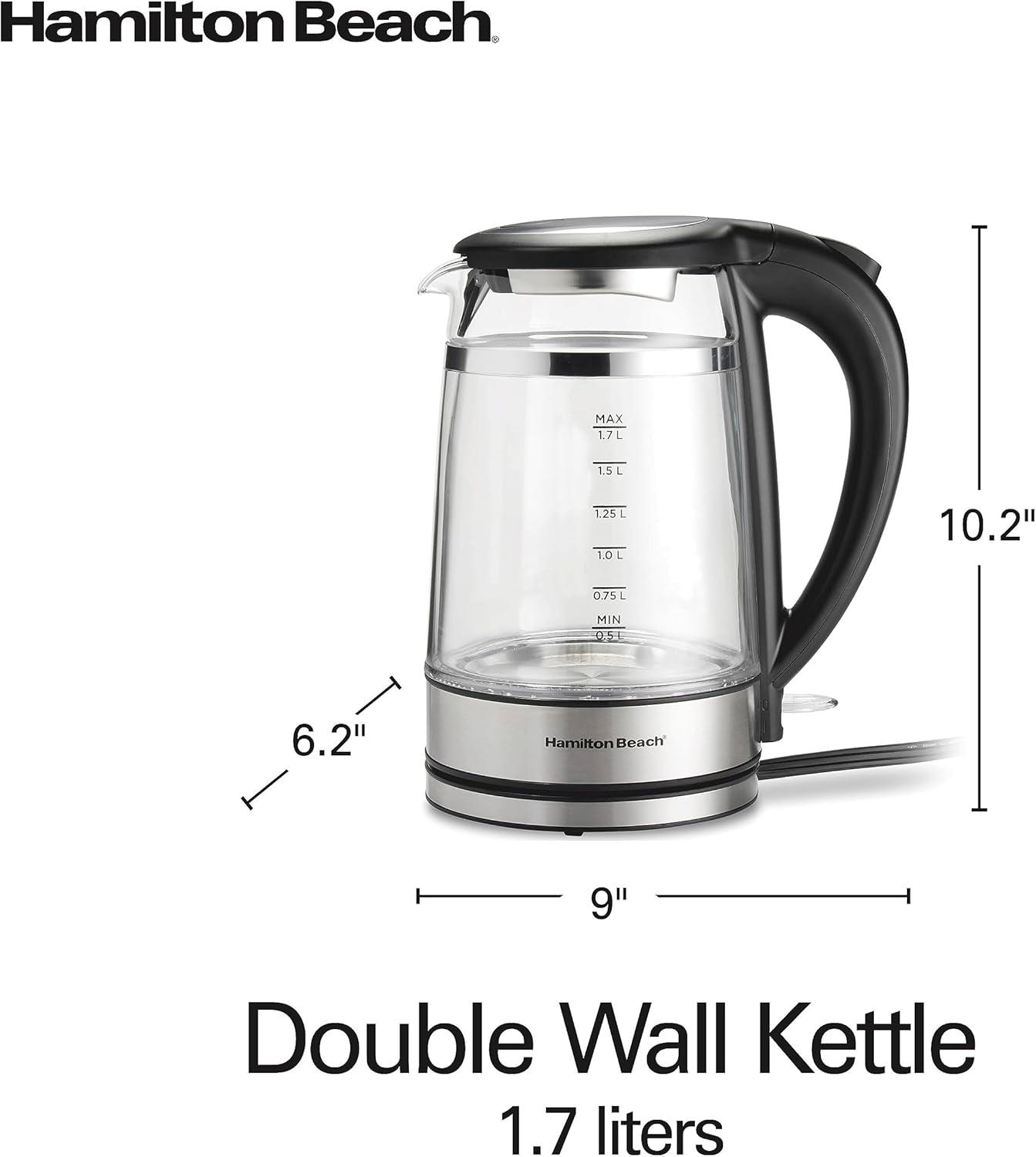 imageHamilton Beach Double Wall 17L Electric Kettle Water Boiler amp Heater BuiltIn Mesh Filter AutoShutoff amp BoilDry Protection Cordless Serving Variable LED Indicator Glass 4085018 Quarts