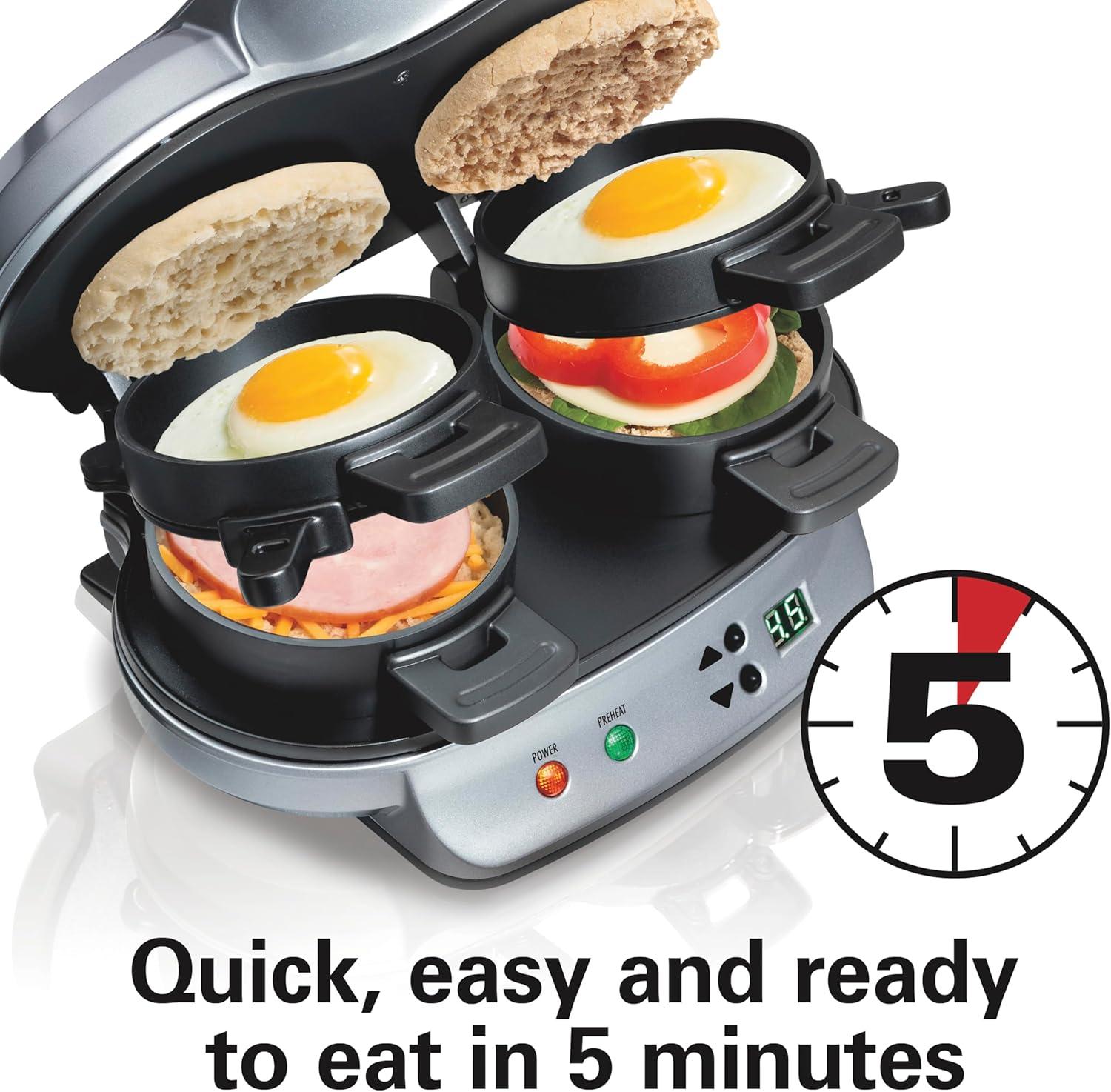 imageHamilton Beach Dual Breakfast Sandwich Maker with Timer Ready in 5 Minutes Removable Dishwasher Safe PFASFree NonStick Egg Cooker Ring Silver 25490MNA