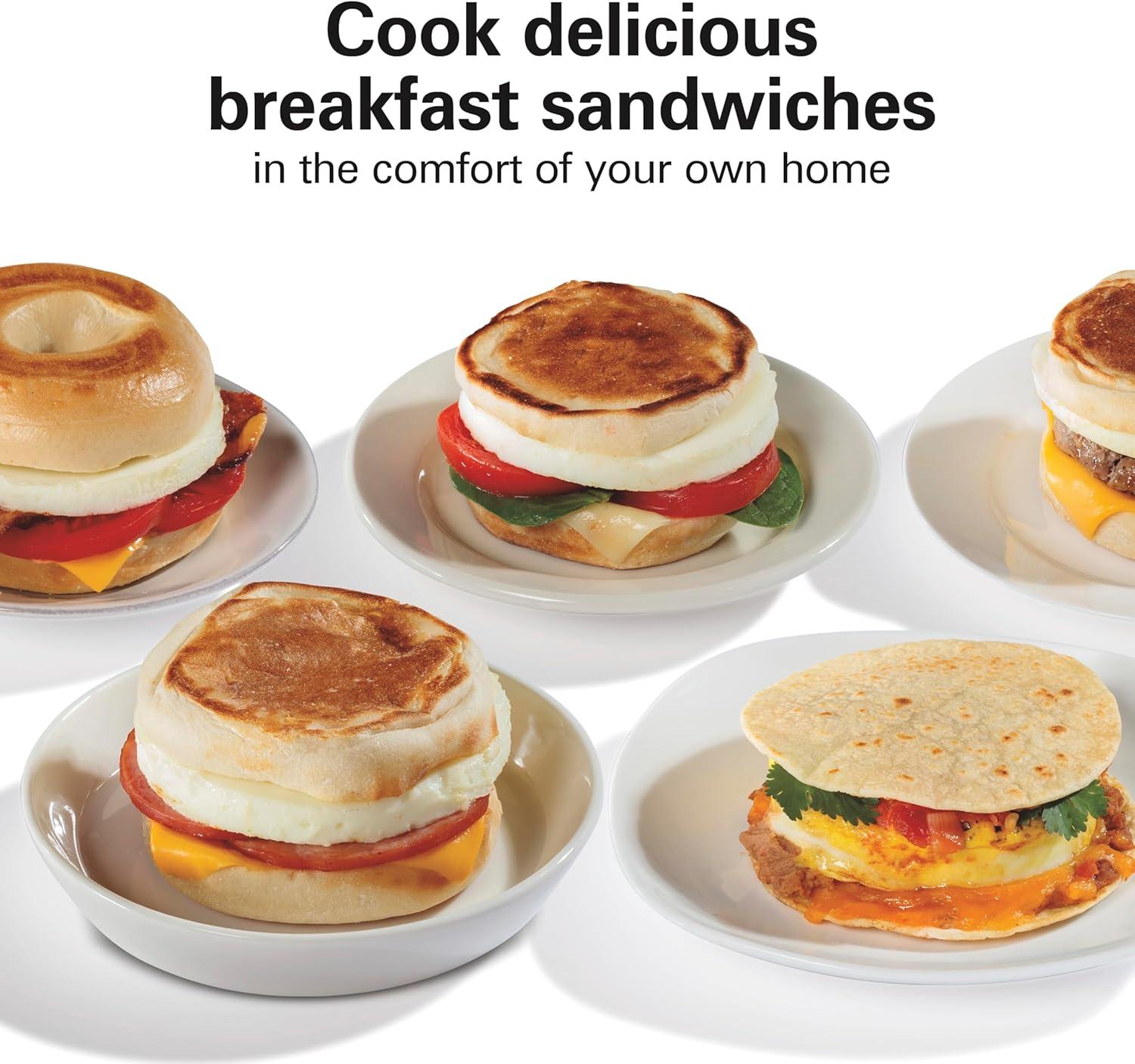 imageHamilton Beach Dual Breakfast Sandwich Maker with Timer Ready in 5 Minutes Removable Dishwasher Safe PFASFree NonStick Egg Cooker Ring Silver 25490MNA