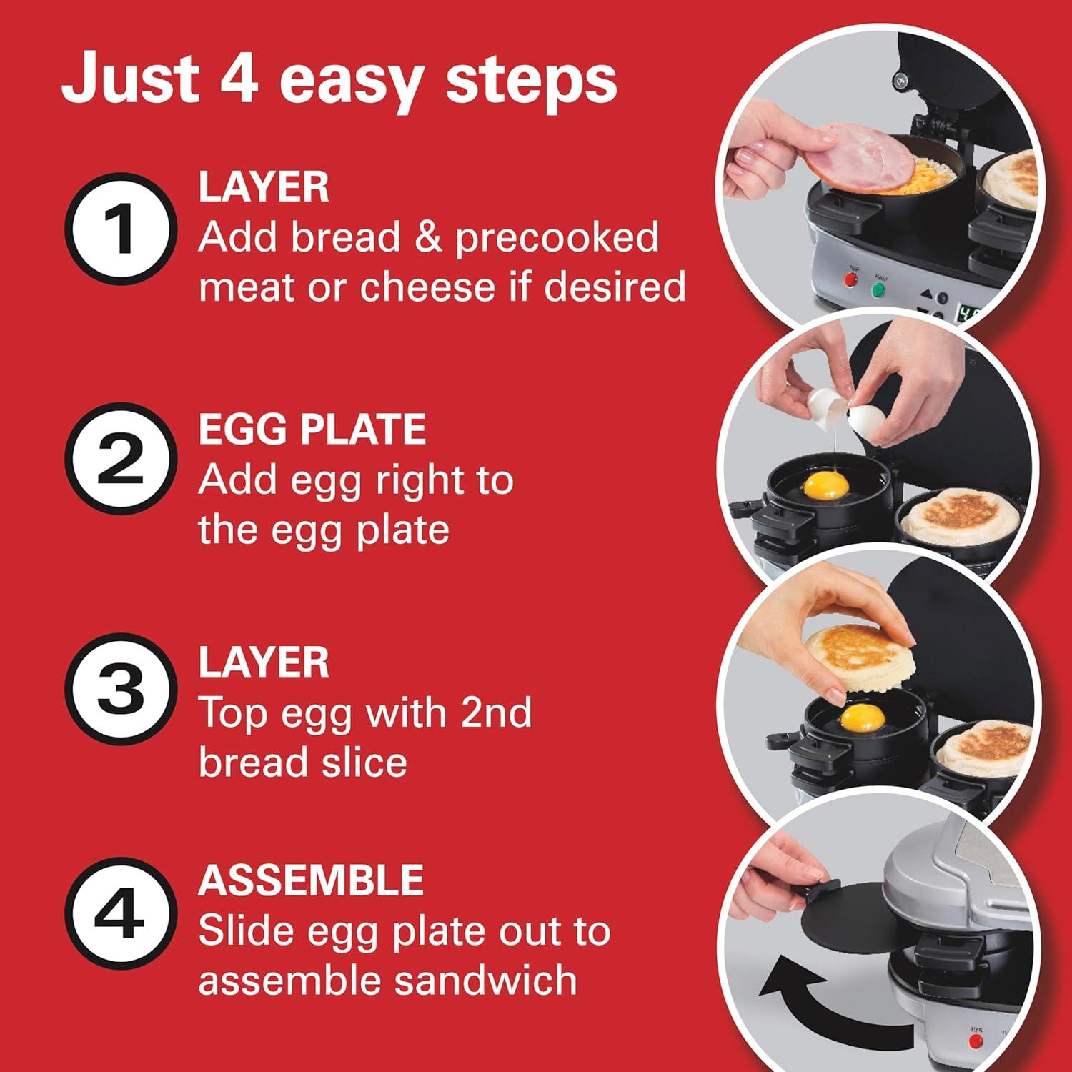 imageHamilton Beach Dual Breakfast Sandwich Maker with Timer Ready in 5 Minutes Removable Dishwasher Safe PFASFree NonStick Egg Cooker Ring Silver 25490MNA