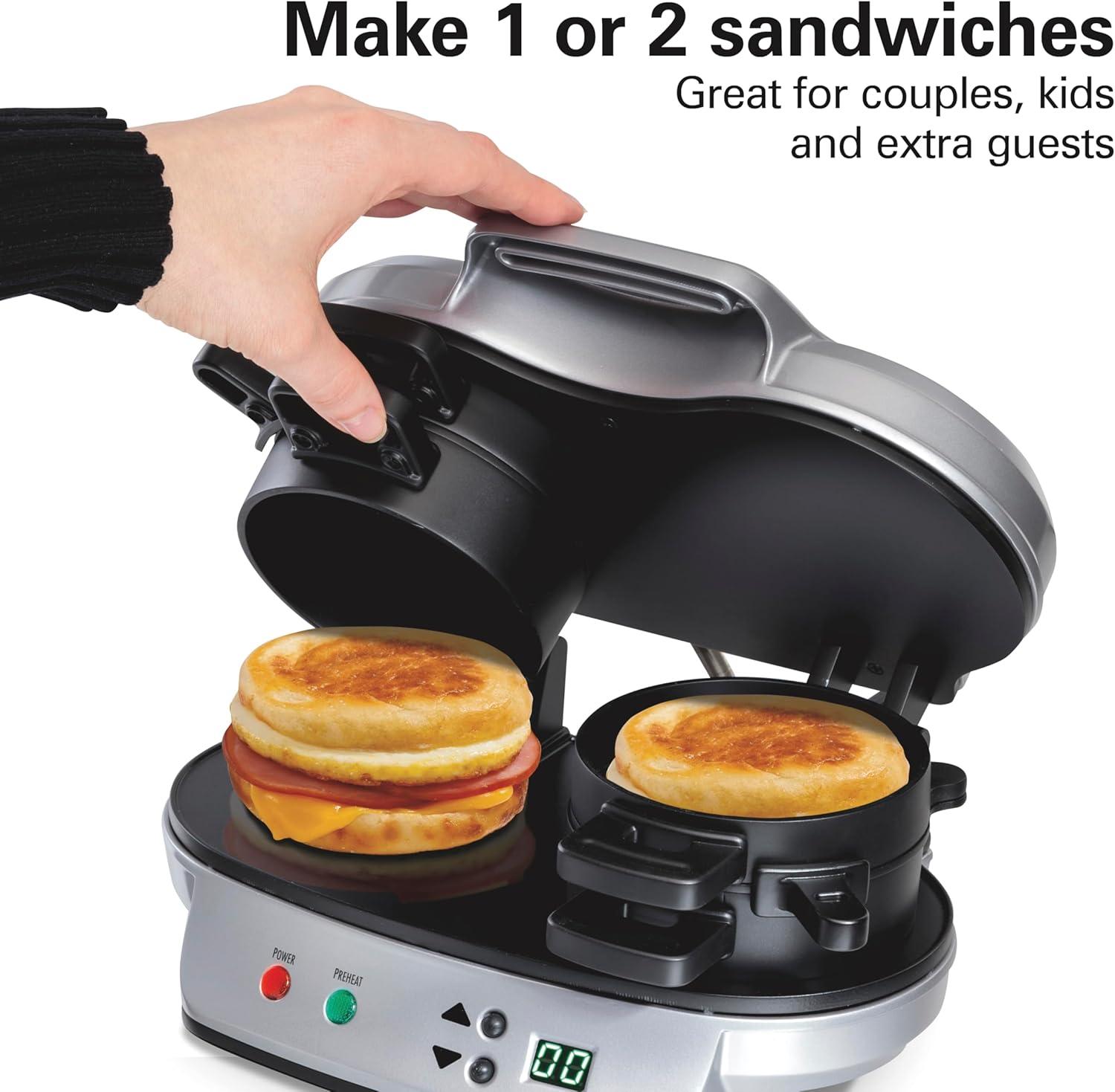 imageHamilton Beach Dual Breakfast Sandwich Maker with Timer Ready in 5 Minutes Removable Dishwasher Safe PFASFree NonStick Egg Cooker Ring Silver 25490MNA
