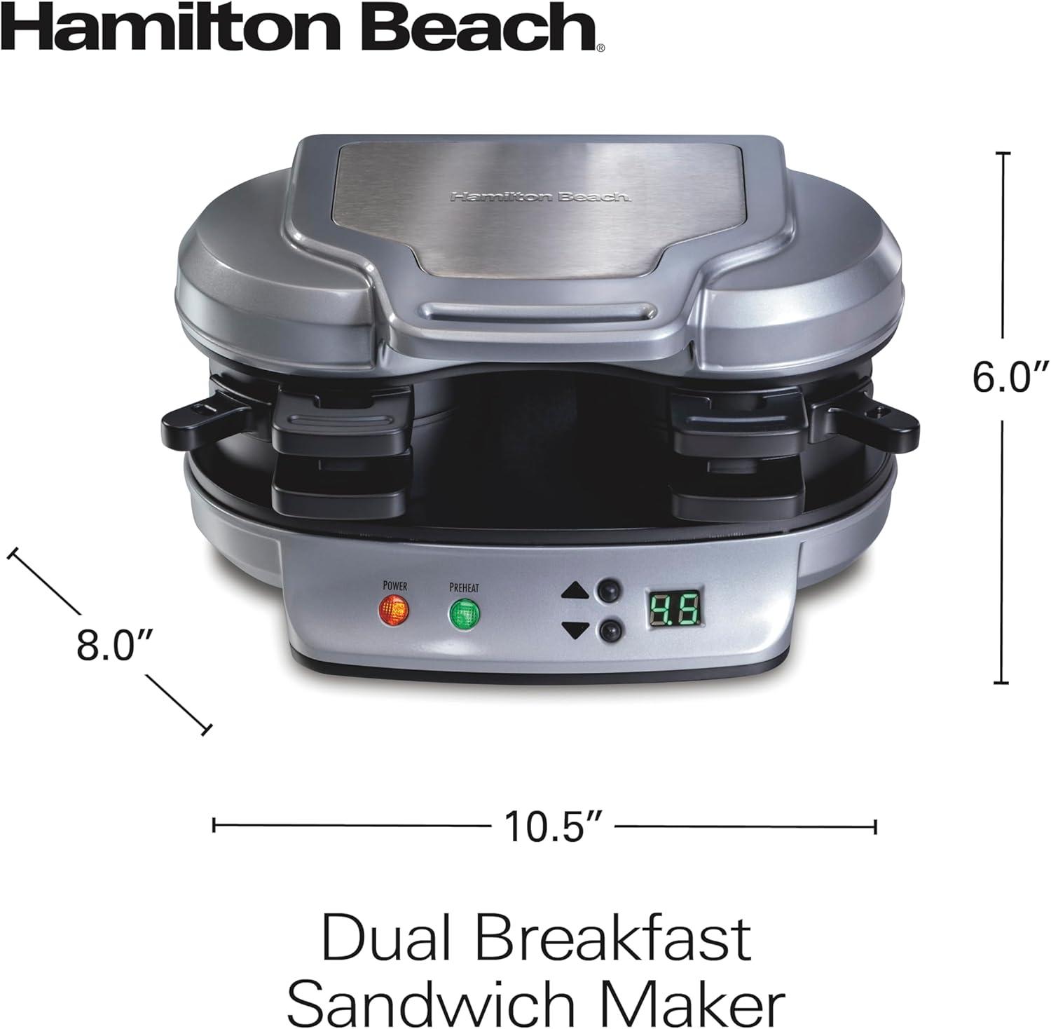 imageHamilton Beach Dual Breakfast Sandwich Maker with Timer Ready in 5 Minutes Removable Dishwasher Safe PFASFree NonStick Egg Cooker Ring Silver 25490MNA