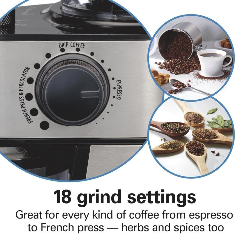 imageHamilton Beach Electric Burr Coffee Grinder with Large 16oz Hopper amp 18 Settings For 214 Cups Stainless Steel 8038516oz