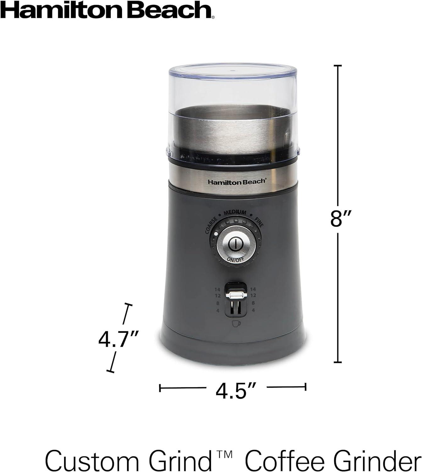 imageHamilton Beach Electric Coffee Grinder for Beans Spices and More with Multiple Grind Settings for up to 14 Cups Removable Stainless Steel Chamber Grey 80396C 10 oz