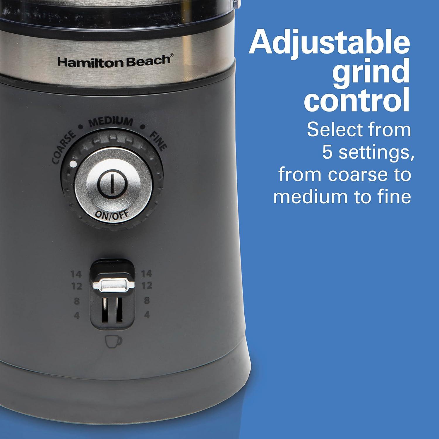 imageHamilton Beach Electric Coffee Grinder for Beans Spices and More with Multiple Grind Settings for up to 14 Cups Removable Stainless Steel Chamber Grey 80396C 10 oz