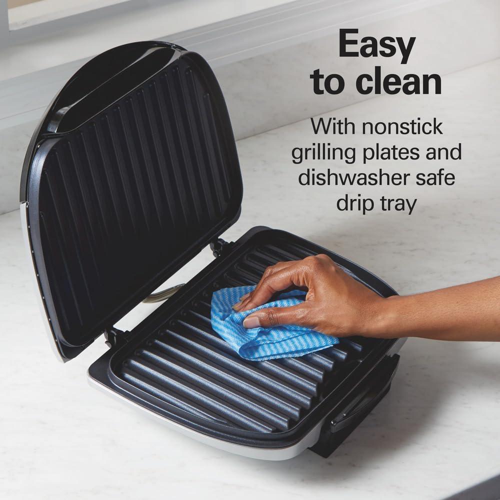 imageHamilton Beach Electric Indoor Grill 6Serving Large 90 sq in Nonstick Easy Clean Plates Floating Hinge for Thicker Foods 1200 Watts 638D x 1268W x 1378H Silver 253716Serving Pack of 2