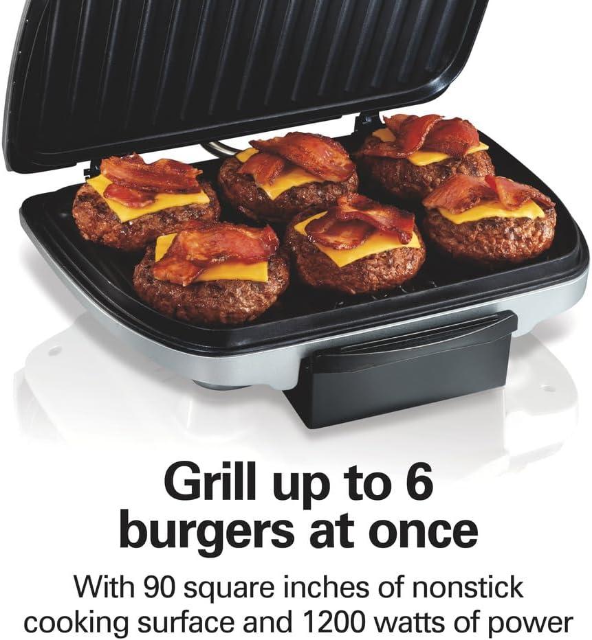imageHamilton Beach Electric Indoor Grill 6Serving Large 90 sq in Nonstick Easy Clean Plates Floating Hinge for Thicker Foods 1200 Watts 638D x 1268W x 1378H Silver 253716Serving Pack of 2