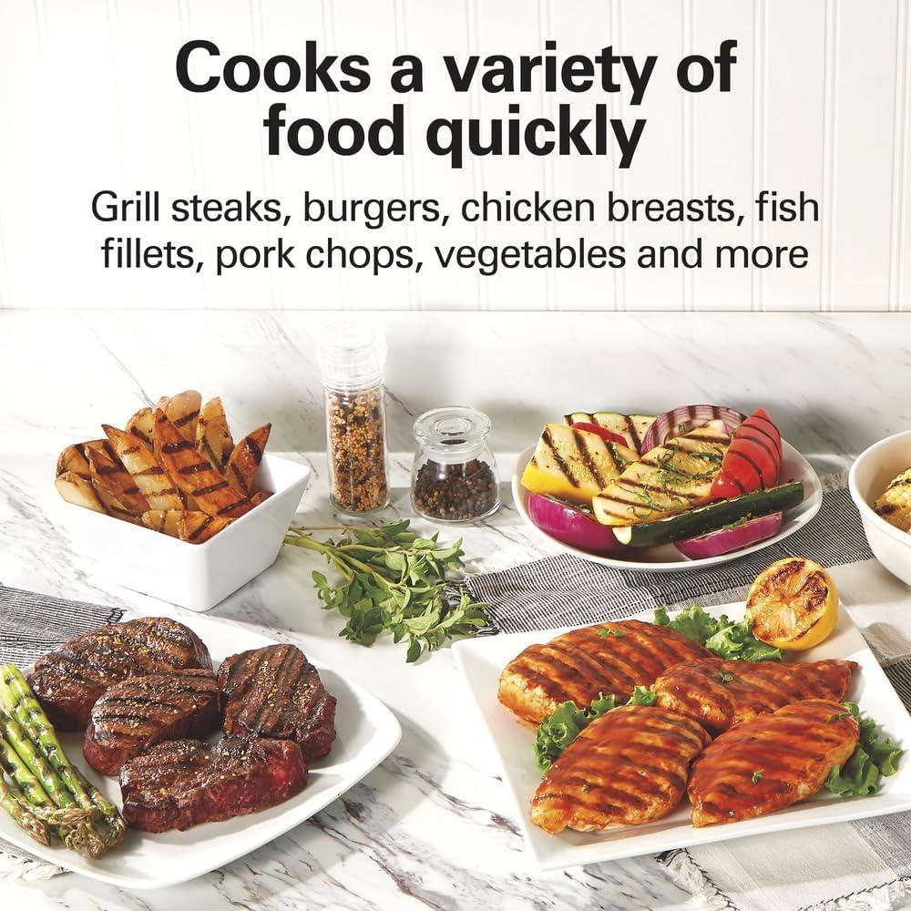 imageHamilton Beach Electric Indoor Grill 6Serving Large 90 sq in Nonstick Easy Clean Plates Floating Hinge for Thicker Foods 1200 Watts 638D x 1268W x 1378H Silver 253716Serving Pack of 2
