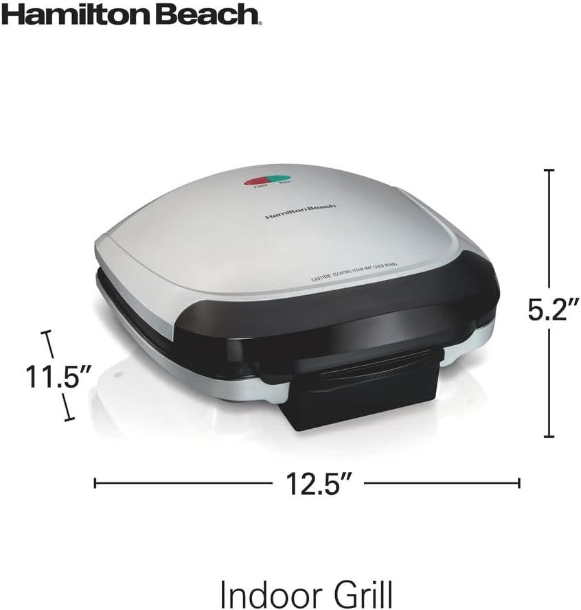 imageHamilton Beach Electric Indoor Grill 6Serving Large 90 sq in Nonstick Easy Clean Plates Floating Hinge for Thicker Foods 1200 Watts 638D x 1268W x 1378H Silver 253716Serving