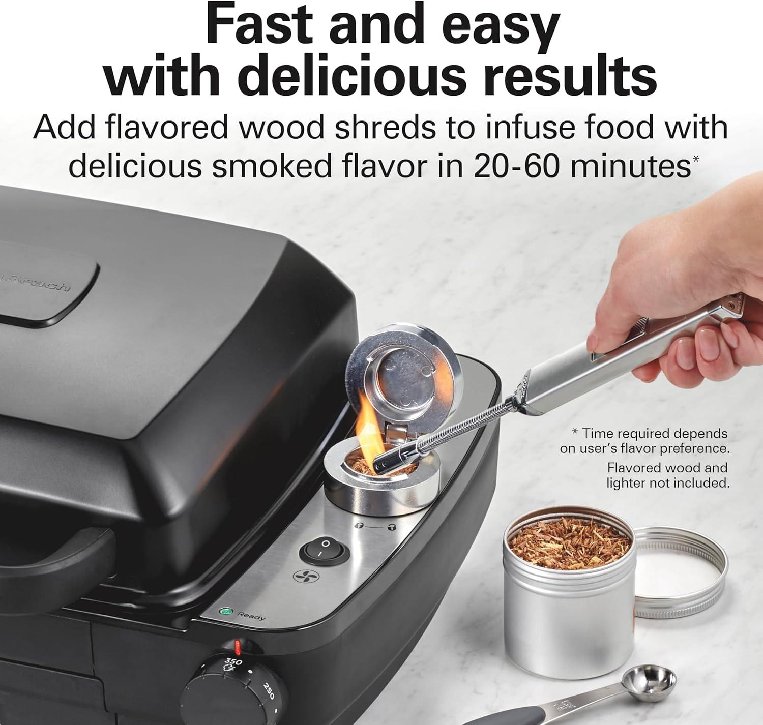 imageHamilton Beach Electric Indoor Grill with Hot and Cold Smoke Infuser 150F 450F Temperature Control For Searing Vented Hood and Fan 116 Sq In NonStick Cooking Surface Black 25375