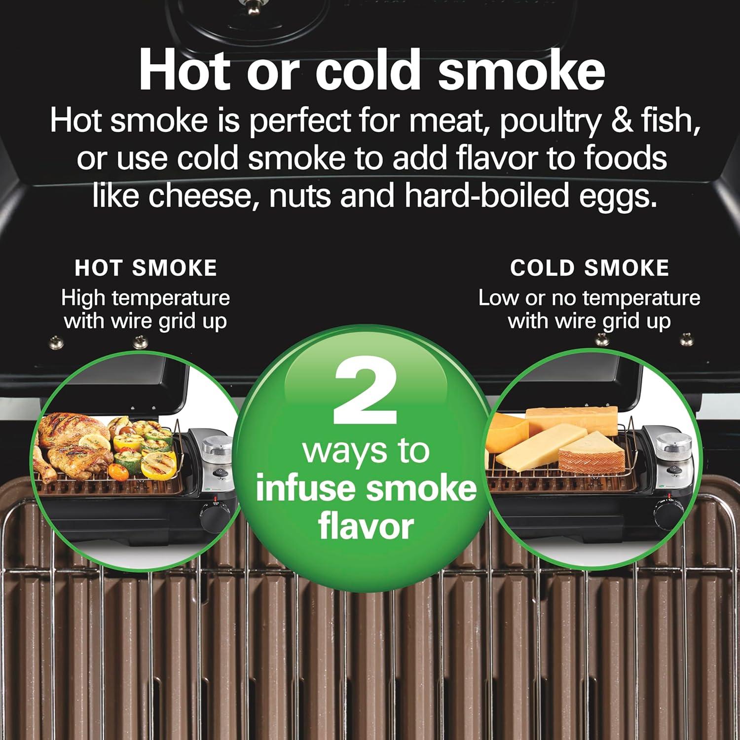 imageHamilton Beach Electric Indoor Grill with Hot and Cold Smoke Infuser 150F 450F Temperature Control For Searing Vented Hood and Fan 116 Sq In NonStick Cooking Surface Black 25375
