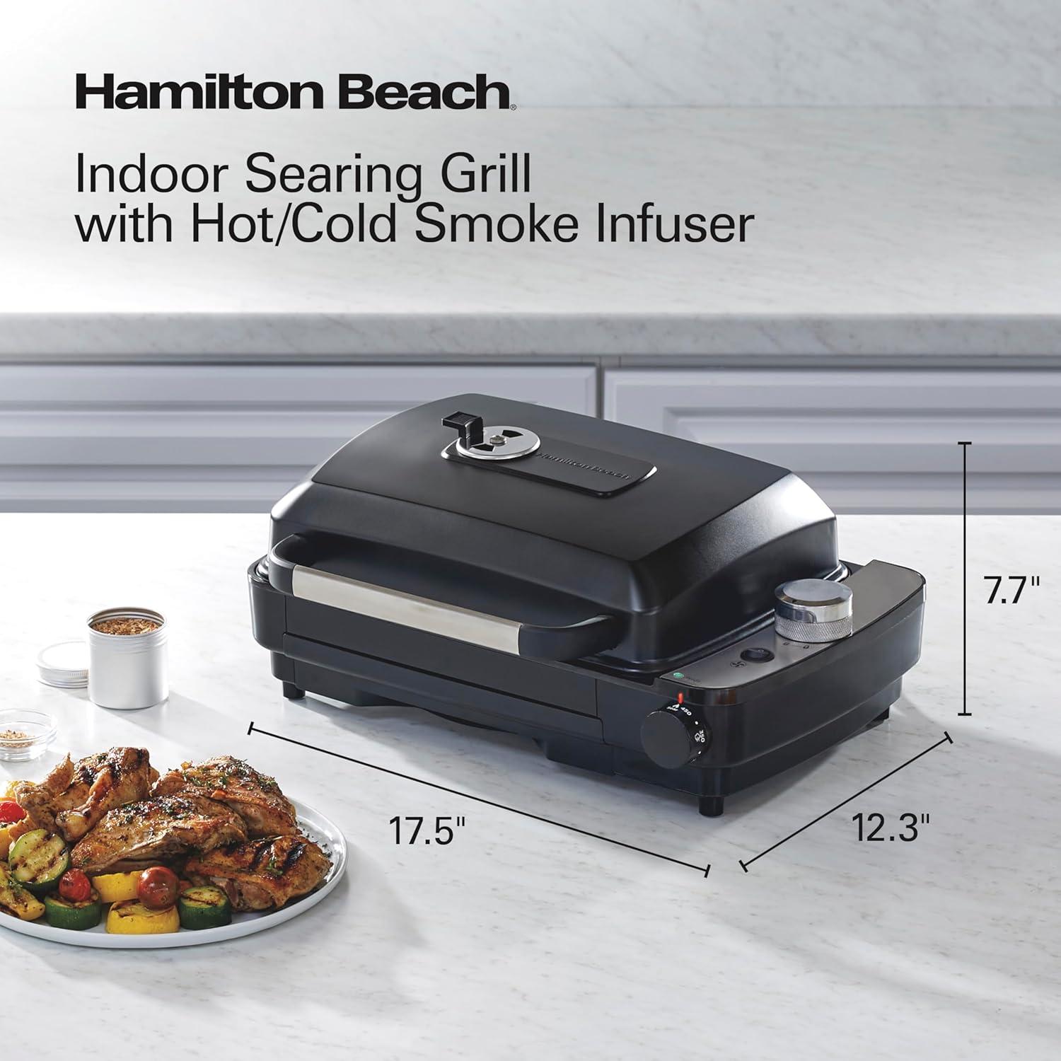 imageHamilton Beach Electric Indoor Grill with Hot and Cold Smoke Infuser 150F 450F Temperature Control For Searing Vented Hood and Fan 116 Sq In NonStick Cooking Surface Black 25375