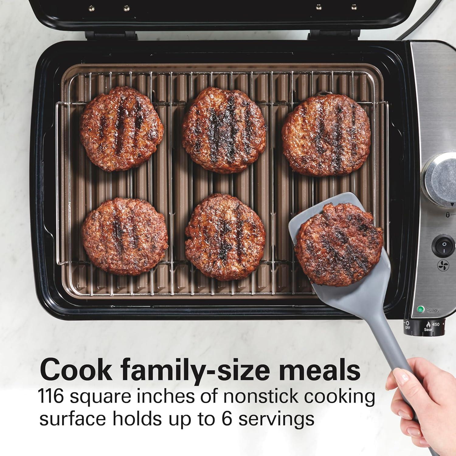 imageHamilton Beach Electric Indoor Grill with Hot and Cold Smoke Infuser 150F 450F Temperature Control For Searing Vented Hood and Fan 116 Sq In NonStick Cooking Surface Black 25375