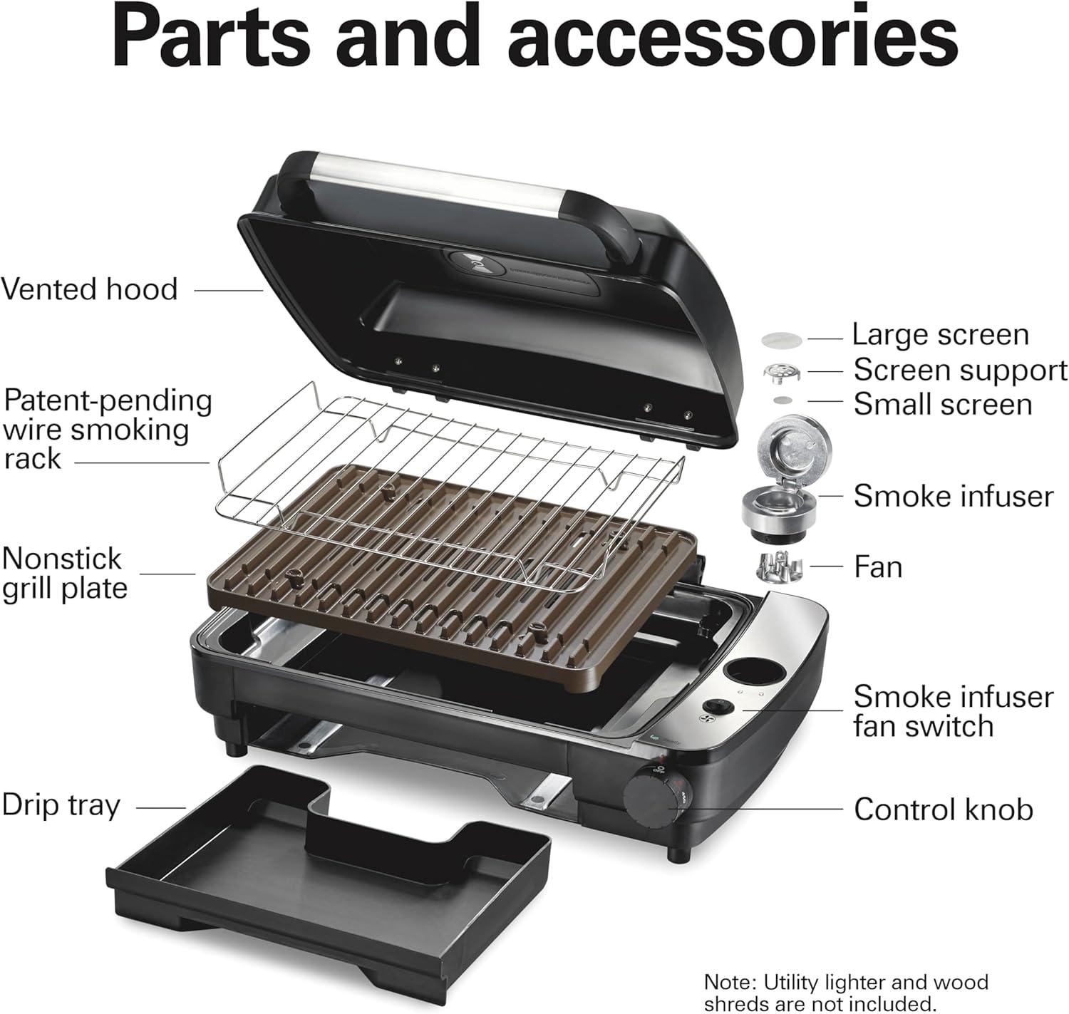imageHamilton Beach Electric Indoor Grill with Hot and Cold Smoke Infuser 150F 450F Temperature Control For Searing Vented Hood and Fan 116 Sq In NonStick Cooking Surface Black 25375