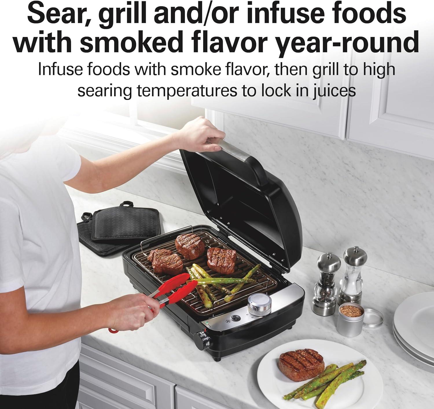 imageHamilton Beach Electric Indoor Grill with Hot and Cold Smoke Infuser 150F 450F Temperature Control For Searing Vented Hood and Fan 116 Sq In NonStick Cooking Surface Black 25375