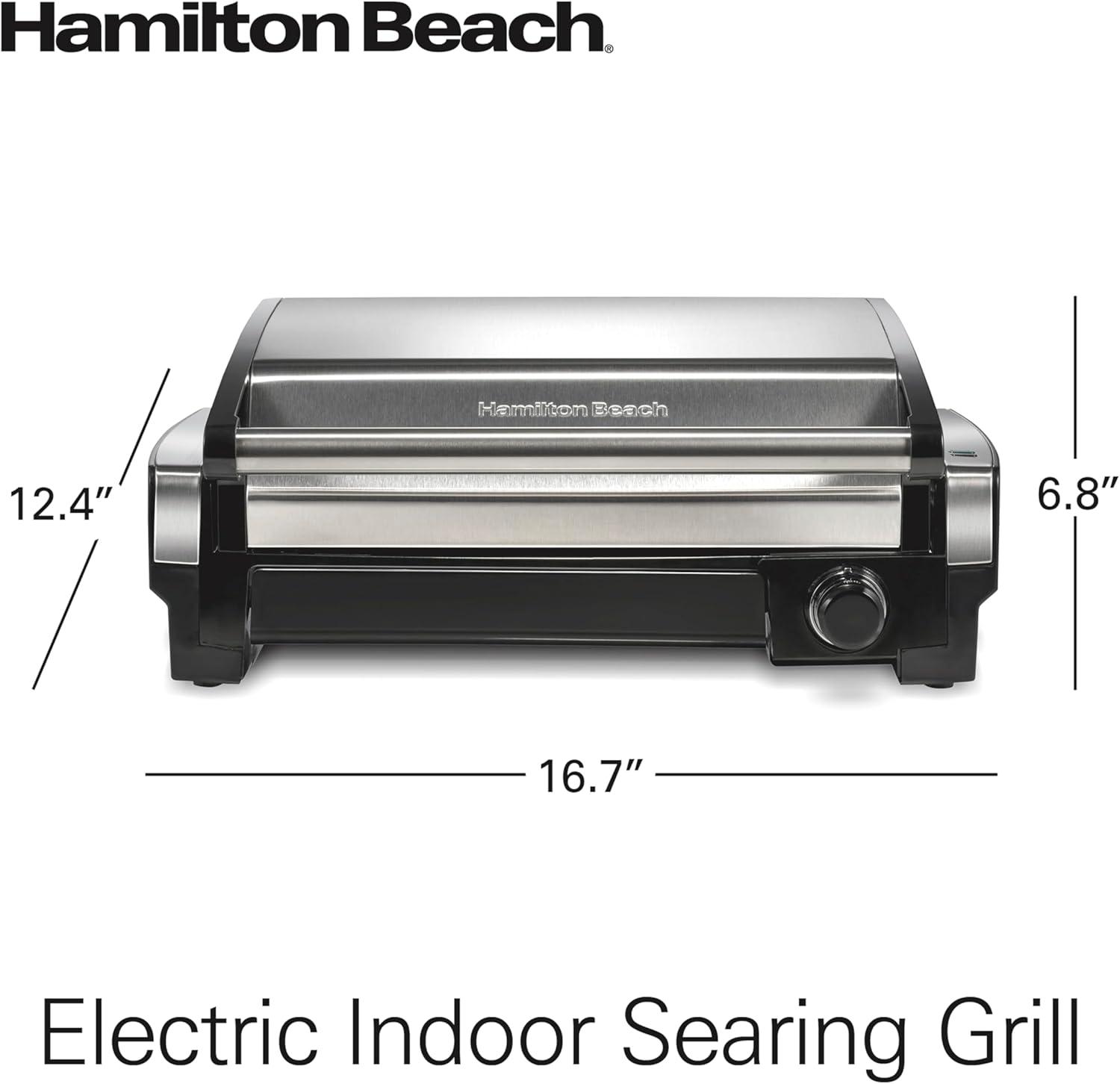 imageHamilton Beach Electric Indoor Searing Grill with Viewing Window amp Adjustable Temperature Control to 450F 118 sq in Surface Serves 6 PFASFree Removable Nonstick Grate Stainless SteelStainless Steel