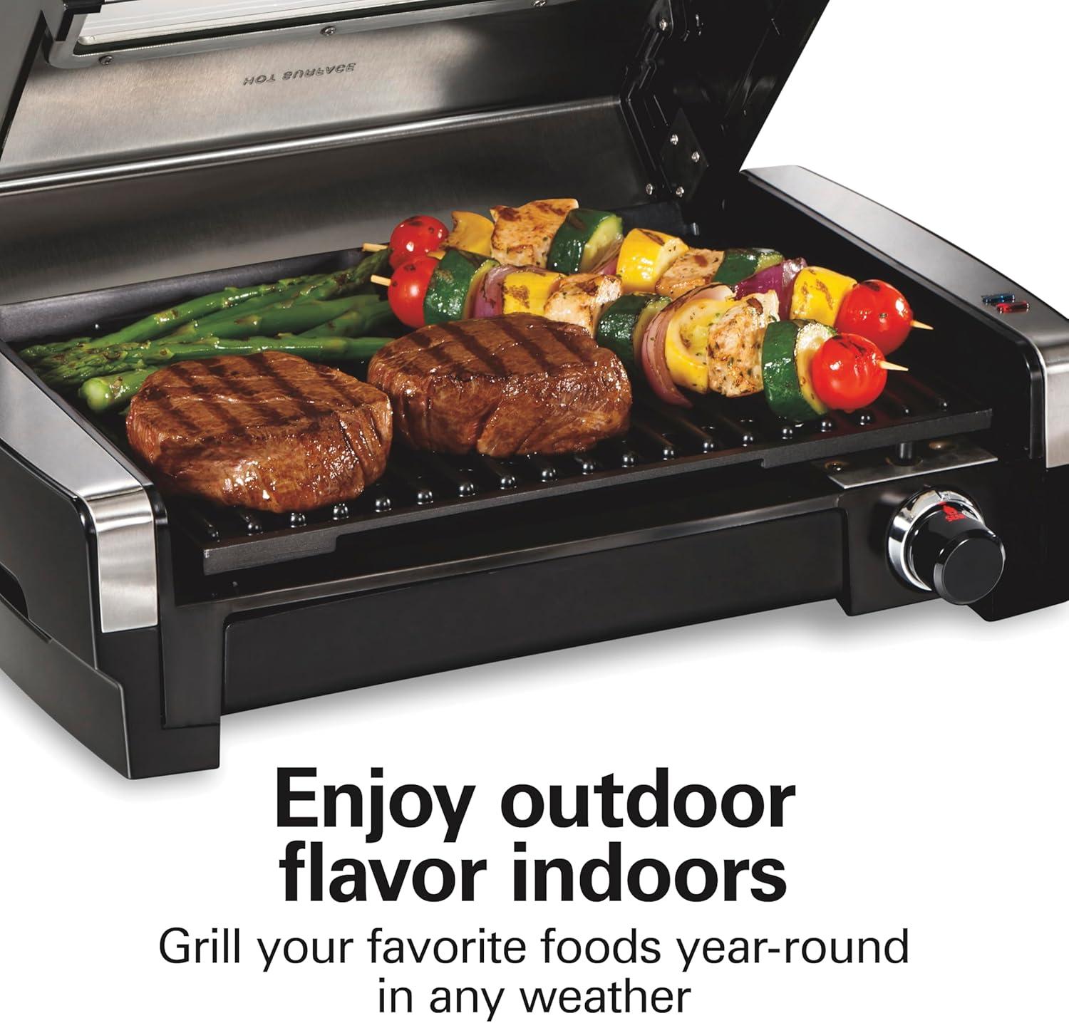 imageHamilton Beach Electric Indoor Searing Grill with Viewing Window amp Adjustable Temperature Control to 450F 118 sq in Surface Serves 6 PFASFree Removable Nonstick Grate Stainless SteelStainless Steel