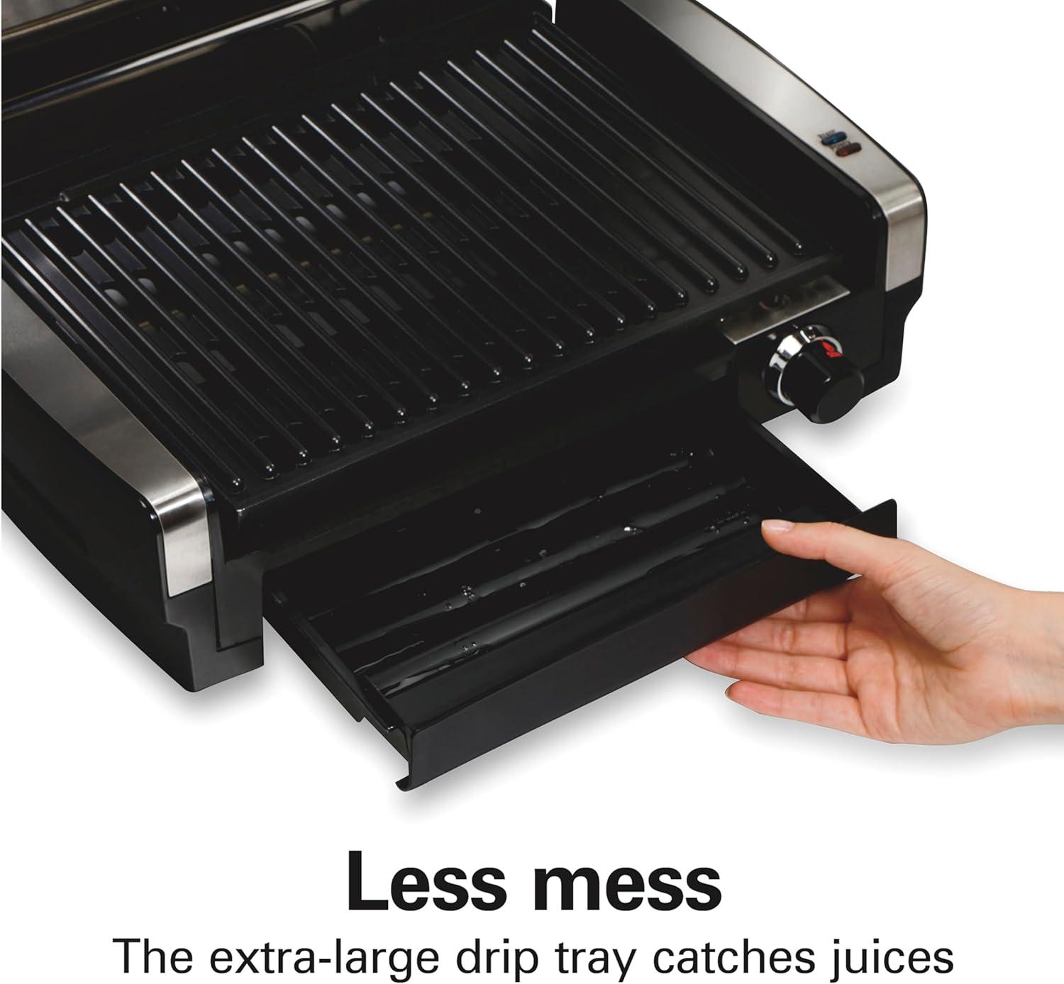 imageHamilton Beach Electric Indoor Searing Grill with Viewing Window amp Adjustable Temperature Control to 450F 118 sq in Surface Serves 6 PFASFree Removable Nonstick Grate Stainless SteelStainless Steel