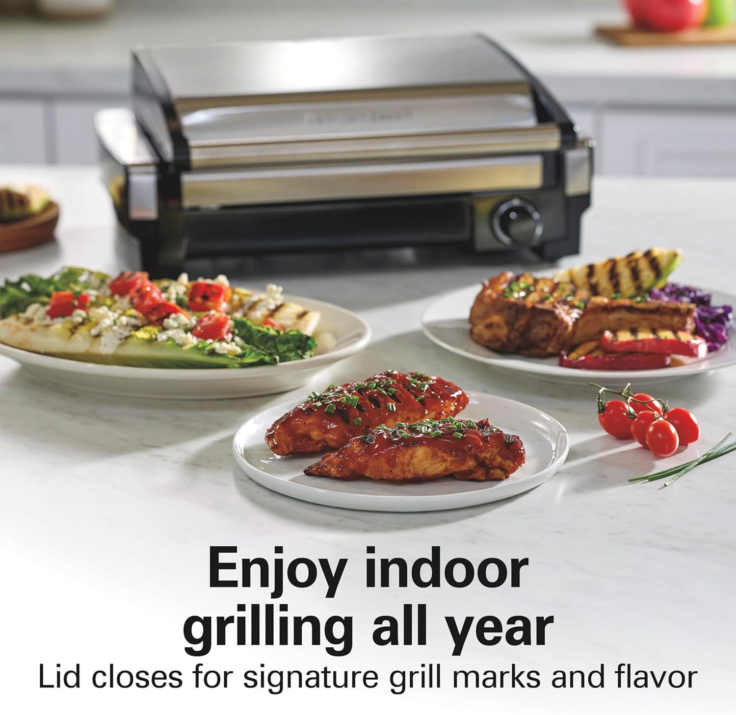 imageHamilton Beach Electric Indoor Searing Grill with Viewing Window amp Adjustable Temperature Control to 450F 118 sq in Surface Serves 6 PFASFree Removable Nonstick Grate Stainless SteelStainless Steel