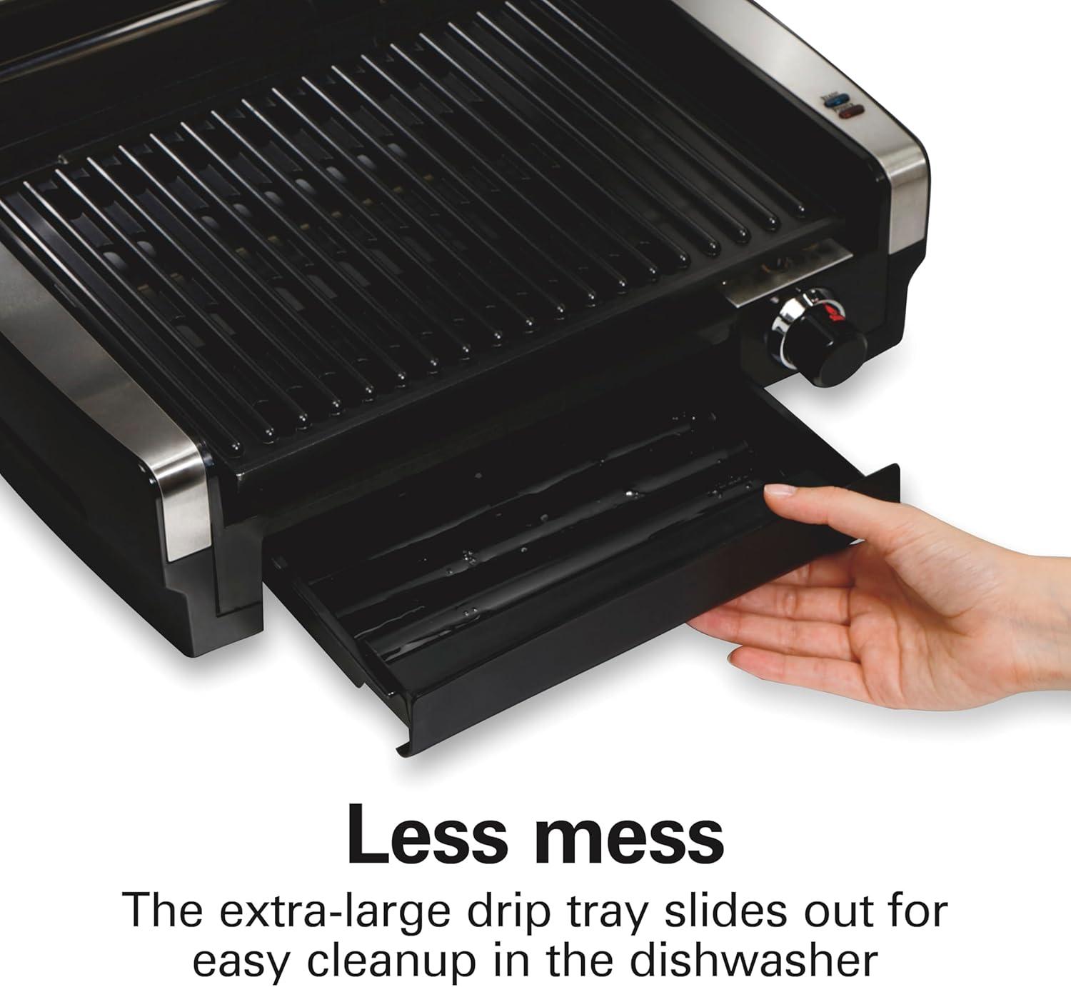 imageHamilton Beach Electric Indoor Searing Grill with Viewing Window amp Adjustable Temperature Control to 450F 118 sq in Surface Serves 6 PFASFree Removable Nonstick Grate Stainless SteelStainless Steel
