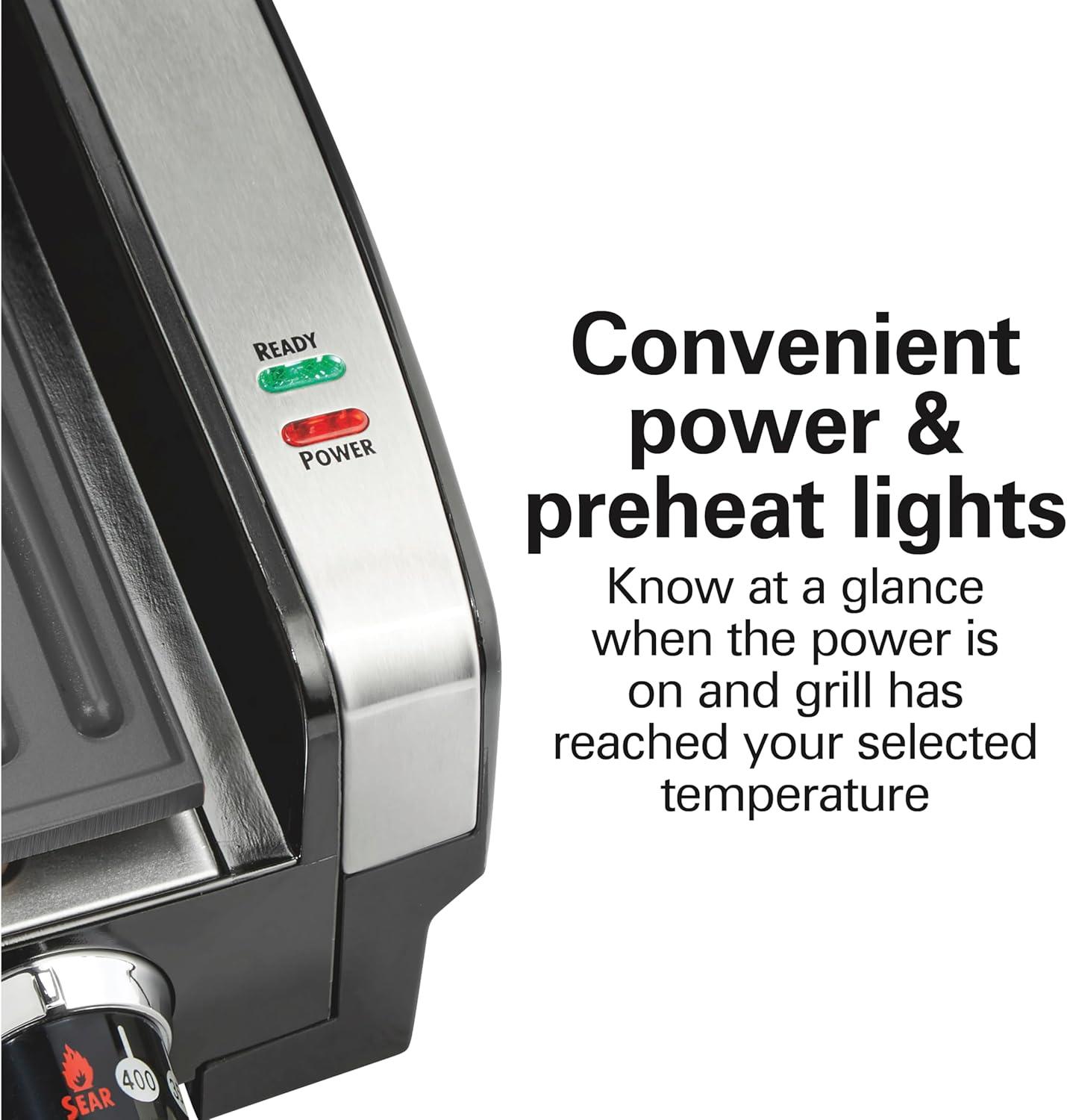 imageHamilton Beach Electric Indoor Searing Grill with Viewing Window amp Adjustable Temperature Control to 450F 118 sq in Surface Serves 6 PFASFree Removable Nonstick Grate Stainless SteelStainless Steel