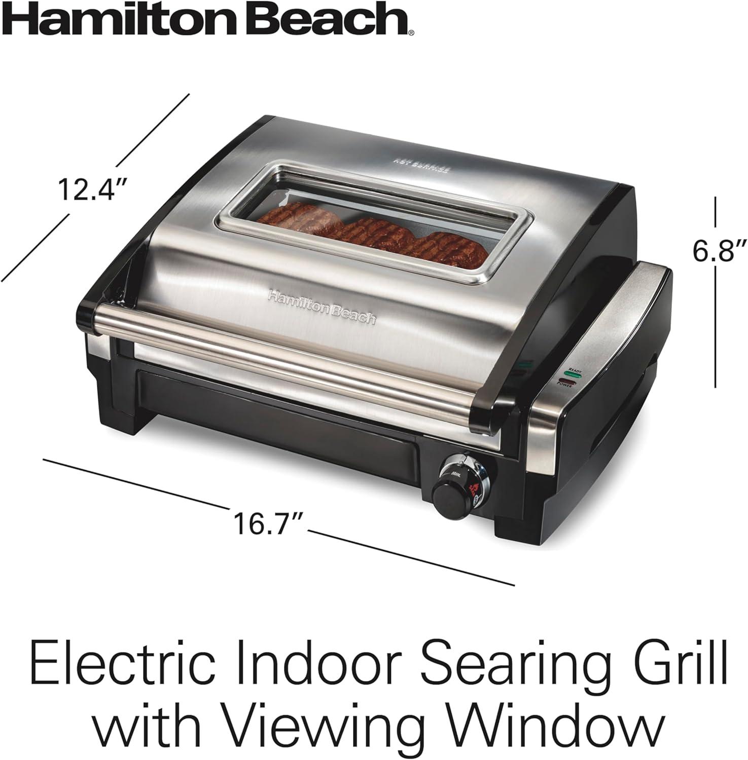 imageHamilton Beach Electric Indoor Searing Grill with Viewing Window amp Adjustable Temperature Control to 450F 118 sq in Surface Serves 6 PFASFree Removable Nonstick Grate Stainless SteelStainless Steel