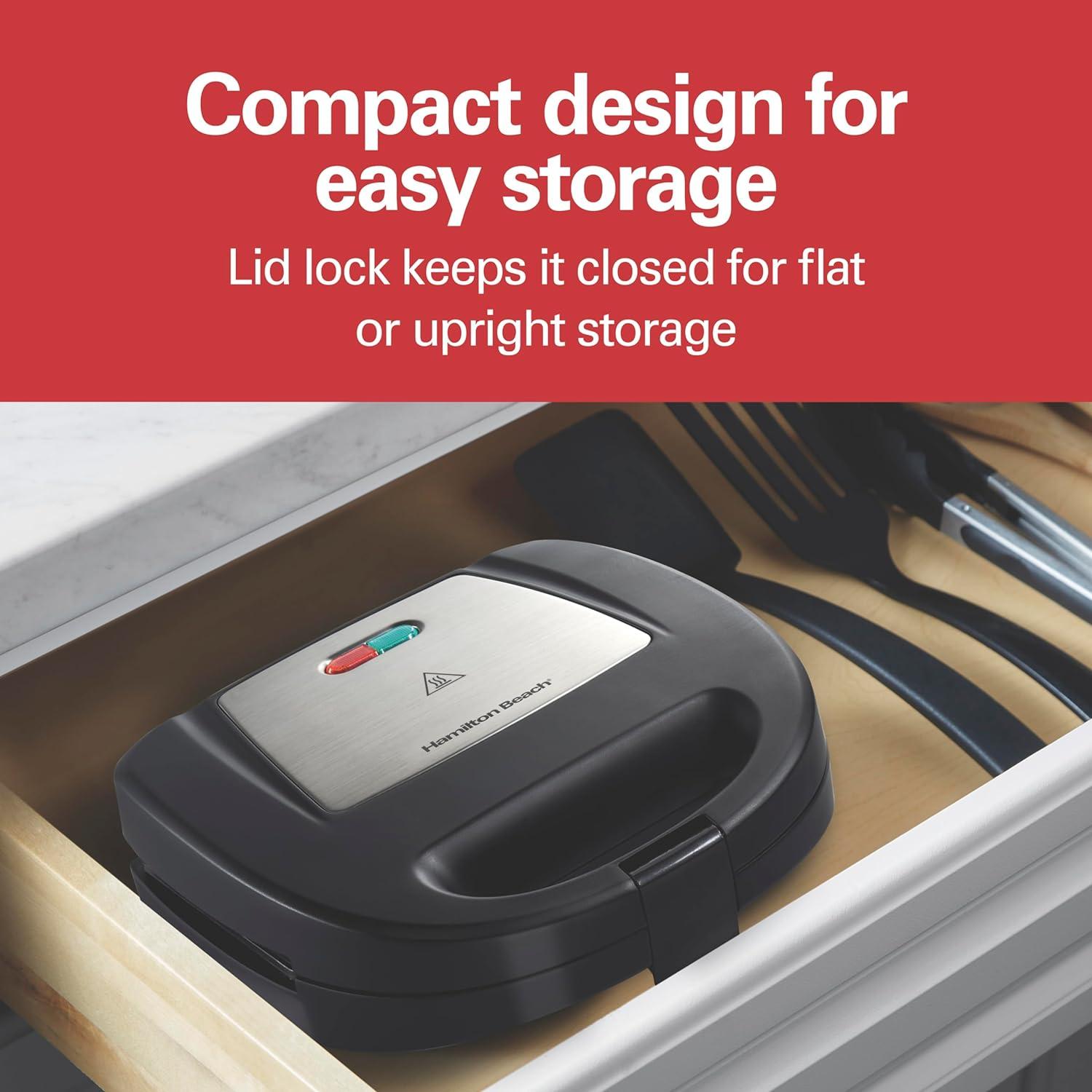 imageHamilton Beach Electric Sealed Sandwich Maker Grill with PFASFree Nonstick Plates Makes Stuffed French Toast Omelets Compact amp Easy to Store Black 25430GCompact Easy to Store Single Unit