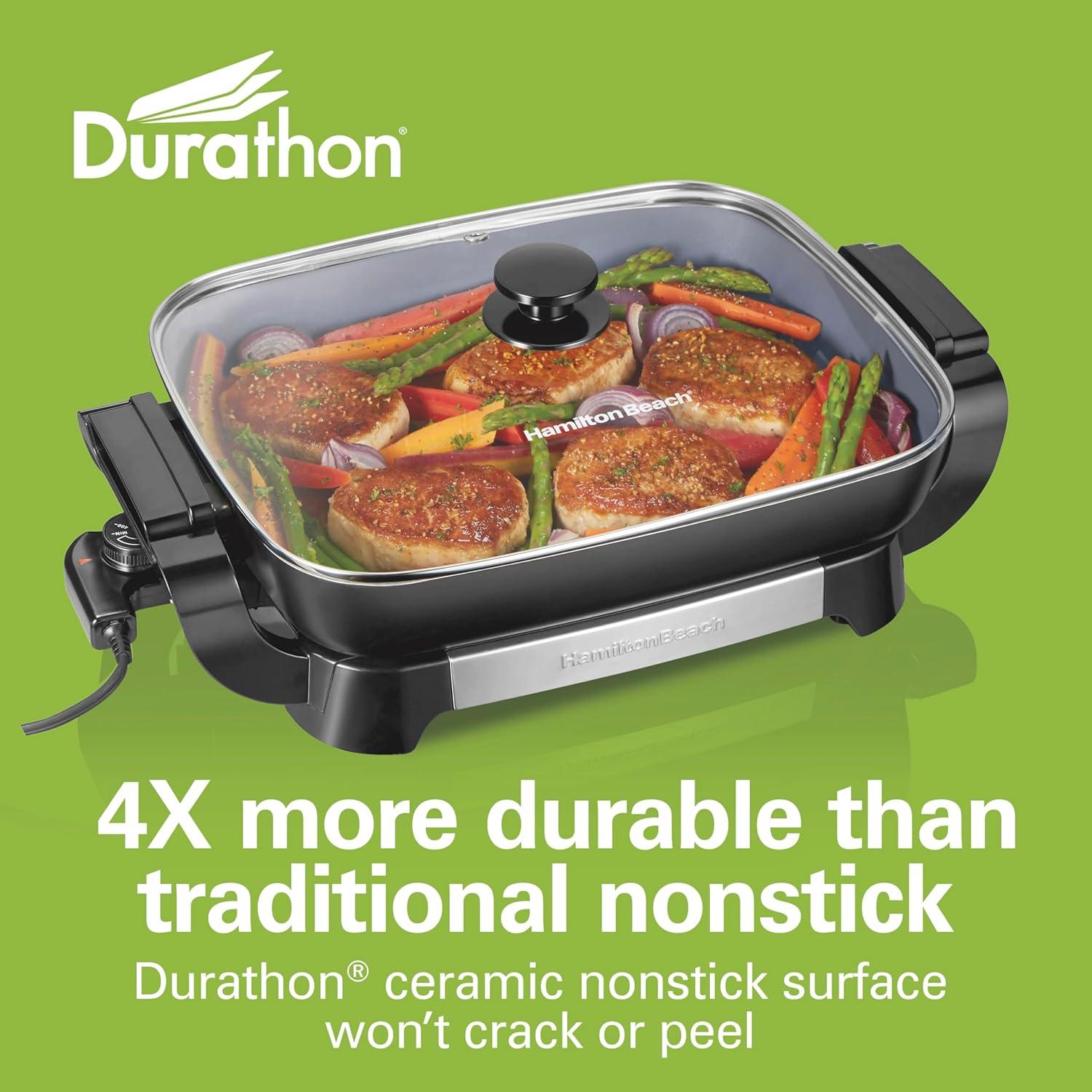 imageHamilton Beach Electric Skillet with PFASFree Durathon Ceramic Coating Removable 12x15 Pan Adjustable Temperature Reversible Design Tempered Glass Lid Black Nonstick Surface 38531Black Nonstick Surface