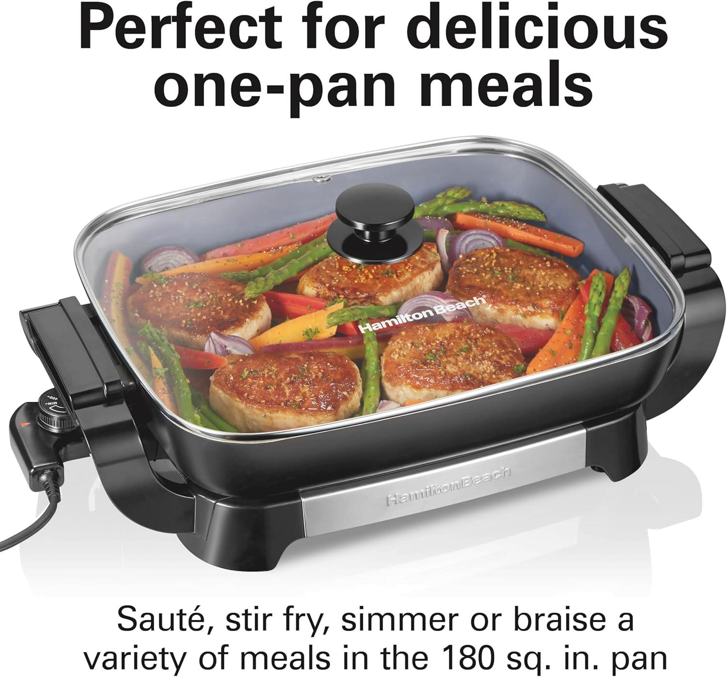 imageHamilton Beach Electric Skillet with PFASFree Durathon Ceramic Coating Removable 12x15 Pan Adjustable Temperature Reversible Design Tempered Glass Lid Black Nonstick Surface 38531Black Nonstick Surface