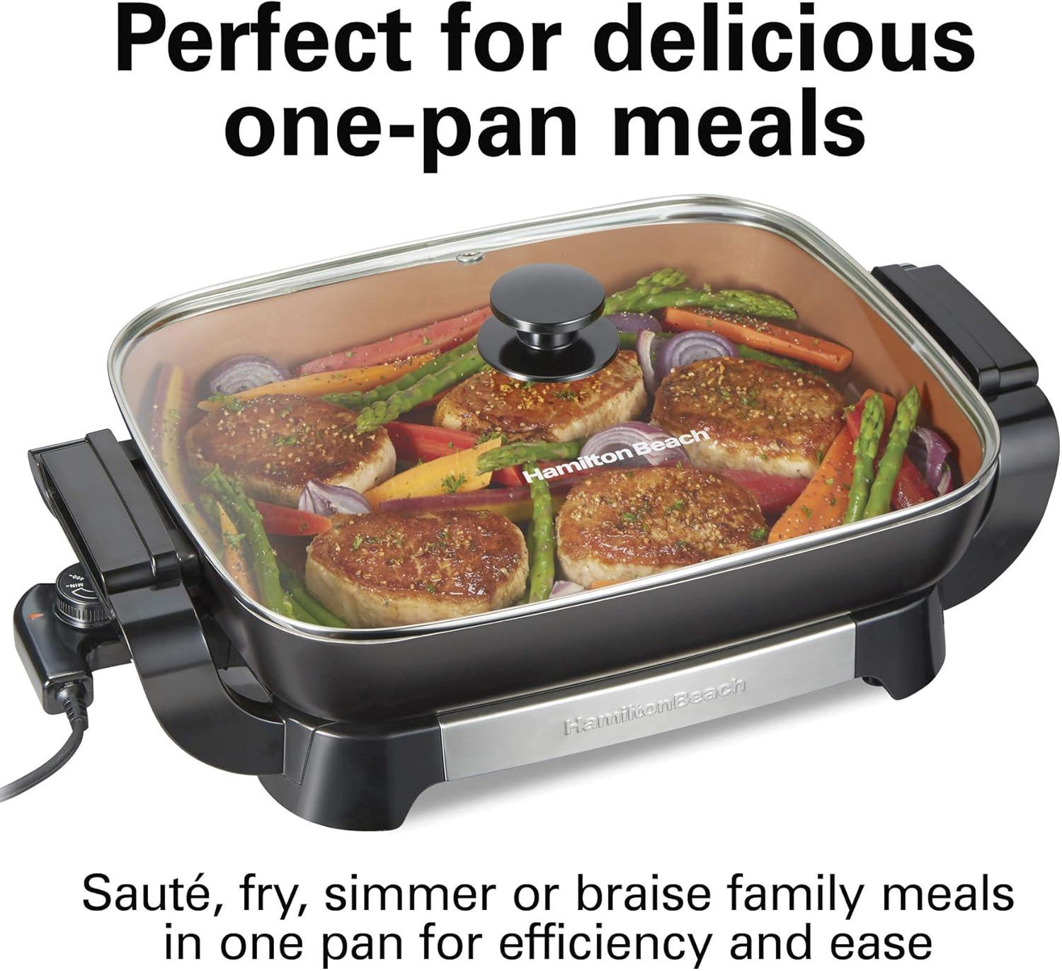 imageHamilton Beach Electric Skillet with PFASFree Durathon Ceramic Coating Removable 12x15 Pan Adjustable Temperature Reversible Design Tempered Glass Lid Black Nonstick Surface 38531Copper Colored Nonstick Surface