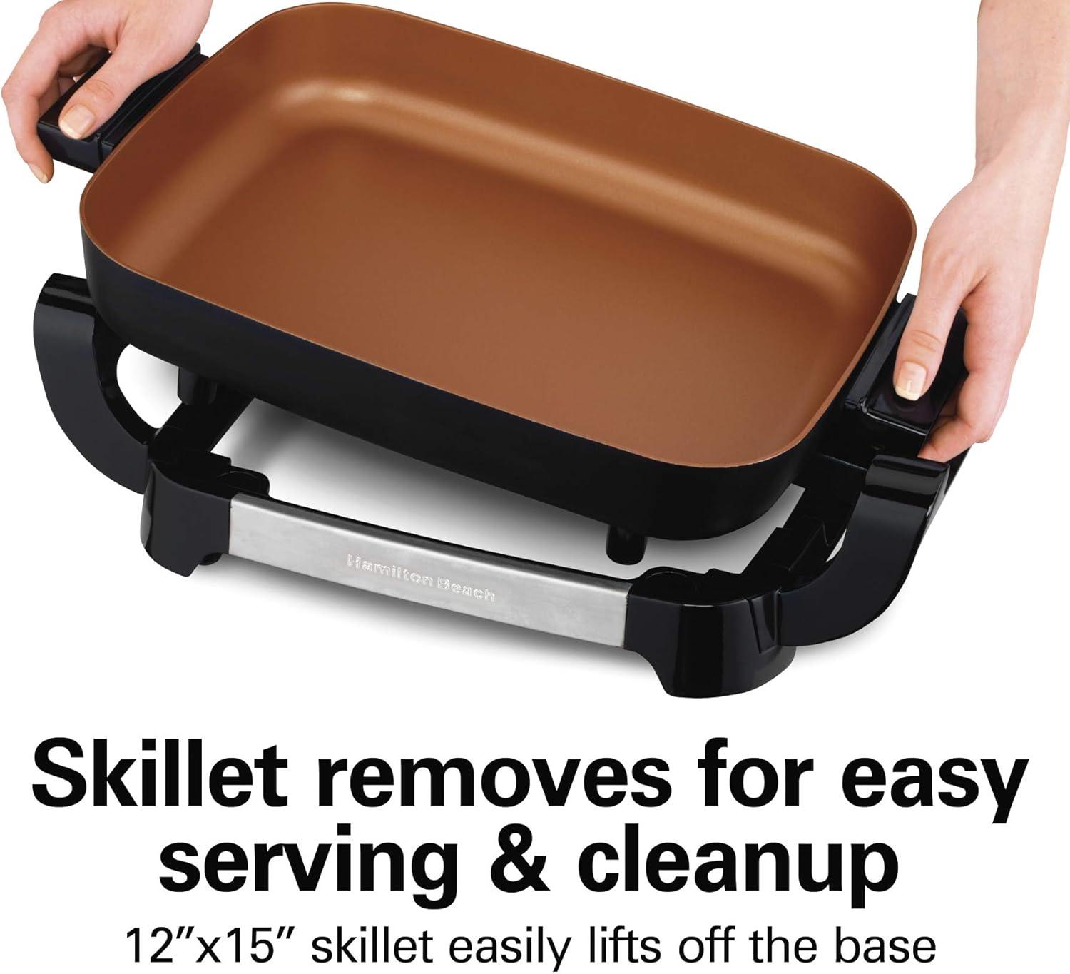 imageHamilton Beach Electric Skillet with PFASFree Durathon Ceramic Coating Removable 12x15 Pan Adjustable Temperature Reversible Design Tempered Glass Lid Black Nonstick Surface 38531Copper Colored Nonstick Surface
