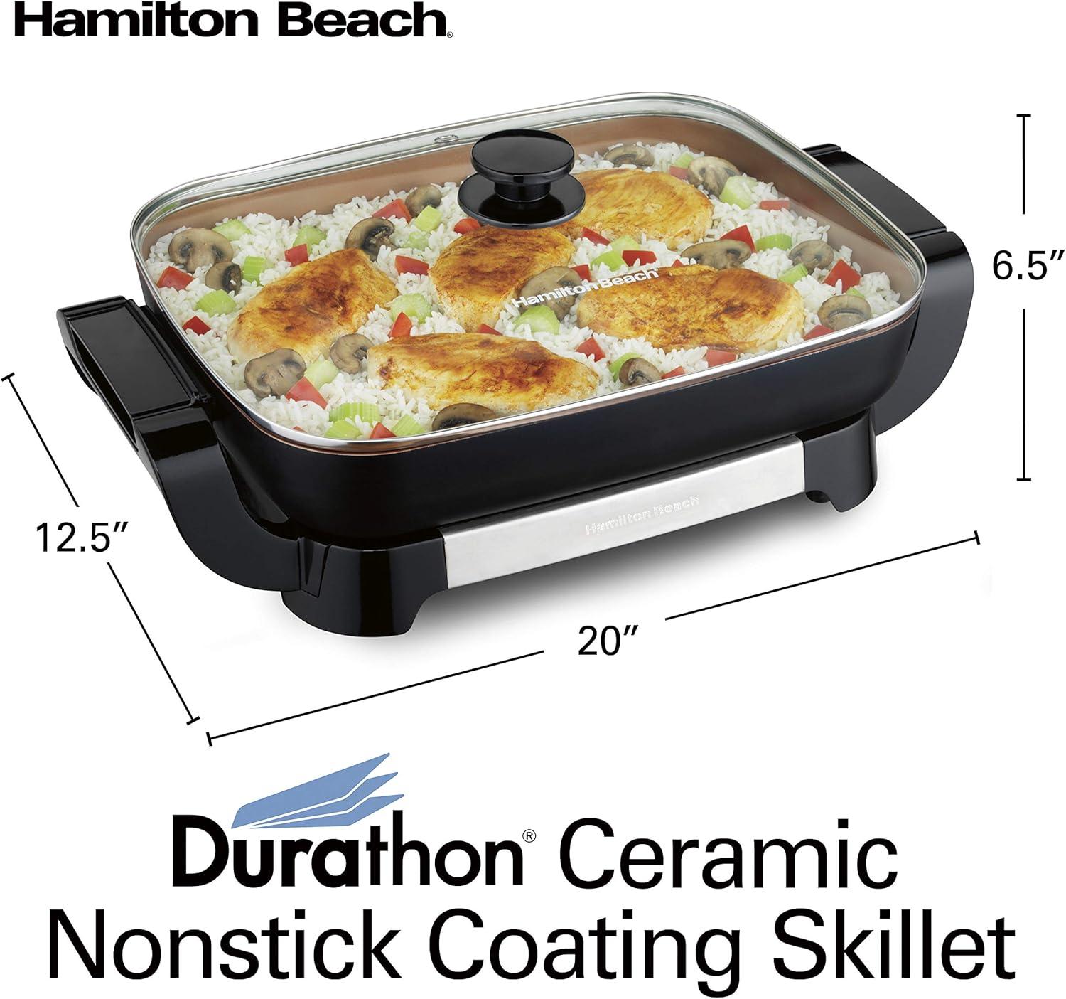 imageHamilton Beach Electric Skillet with PFASFree Durathon Ceramic Coating Removable 12x15 Pan Adjustable Temperature Reversible Design Tempered Glass Lid Black Nonstick Surface 38531Copper Colored Nonstick Surface
