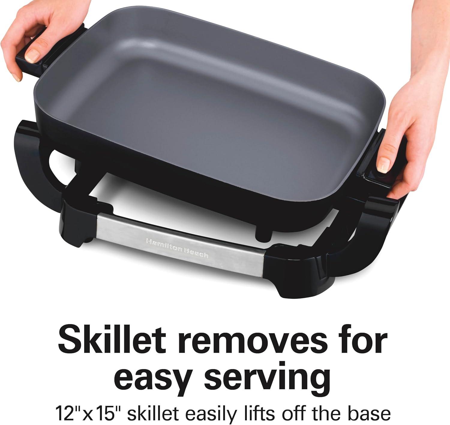 imageHamilton Beach Electric Skillet with PFASFree Durathon Ceramic Coating Removable 12x15 Pan Adjustable Temperature Reversible Design Tempered Glass Lid Black Nonstick Surface 38531Black Nonstick Surface