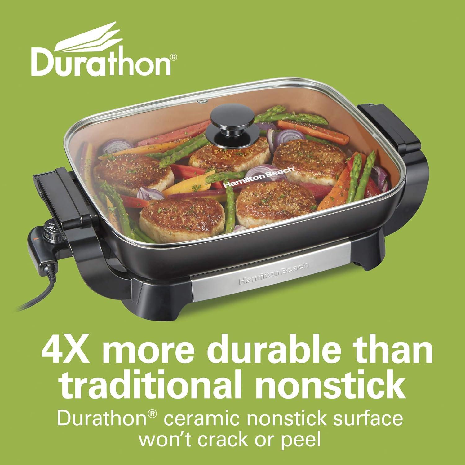 imageHamilton Beach Electric Skillet with PFASFree Durathon Ceramic Coating Removable 12x15 Pan Adjustable Temperature Reversible Design Tempered Glass Lid Black Nonstick Surface 38531Copper Colored Nonstick Surface