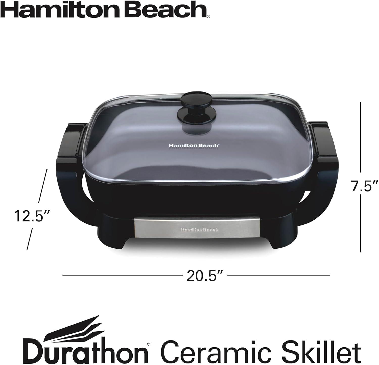 imageHamilton Beach Electric Skillet with PFASFree Durathon Ceramic Coating Removable 12x15 Pan Adjustable Temperature Reversible Design Tempered Glass Lid Black Nonstick Surface 38531Black Nonstick Surface