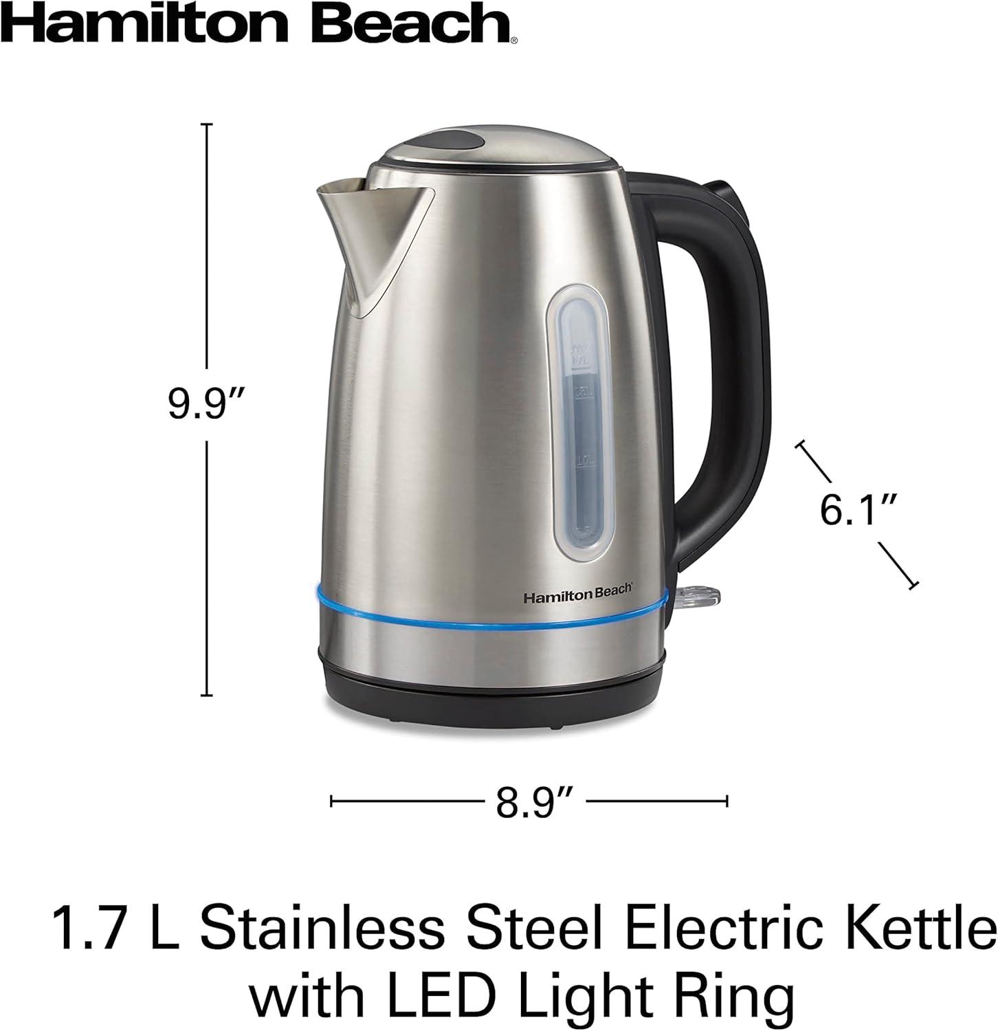 imageHamilton Beach Electric Tea Kettle Water Boiler amp Heater 17 Liter Cordless Serving 1500 Watts for Fast Boiling AutoShutoff and BoilDry Protection Stainless Steel with LED Light Ring 41037Stainless Steel with LED Light Ring