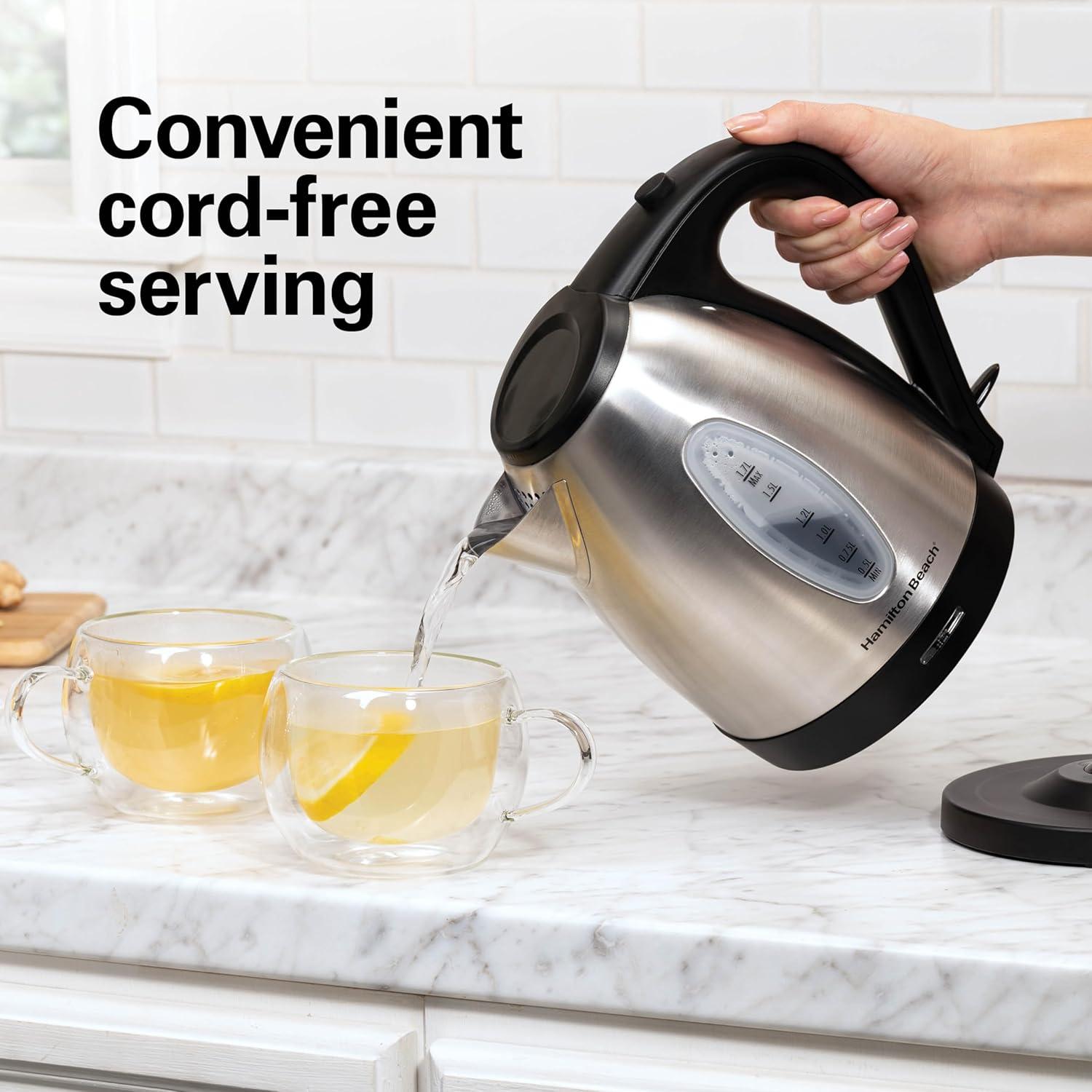 imageHamilton Beach Electric Tea Kettle Water Boiler amp Heater 17 Liter Cordless Serving 1500 Watts for Fast Boiling AutoShutoff and BoilDry Protection Stainless Steel 40880BPA Free Stainless Steel