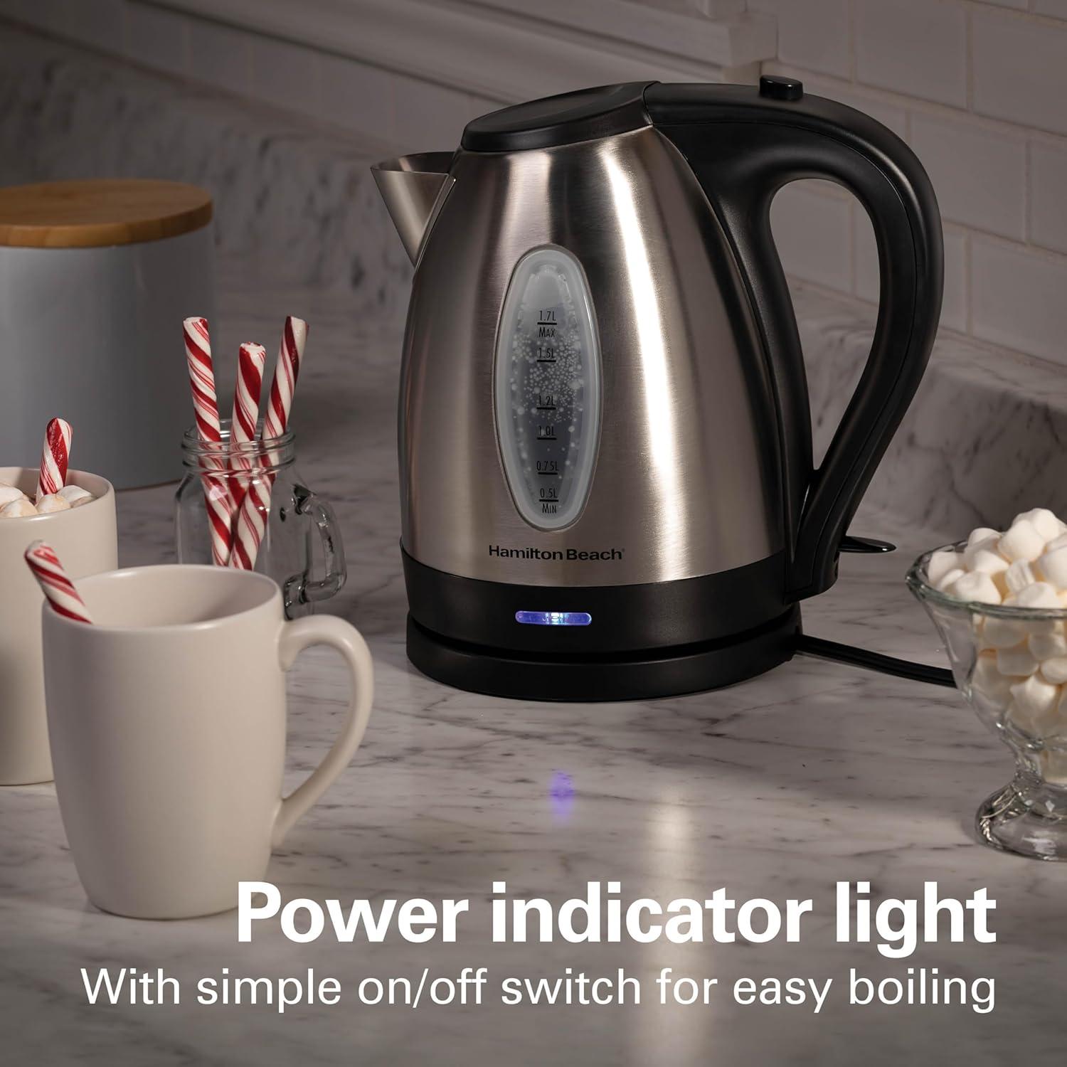 imageHamilton Beach Electric Tea Kettle Water Boiler amp Heater 17 Liter Cordless Serving 1500 Watts for Fast Boiling AutoShutoff and BoilDry Protection Stainless Steel 40880BPA Free Stainless Steel