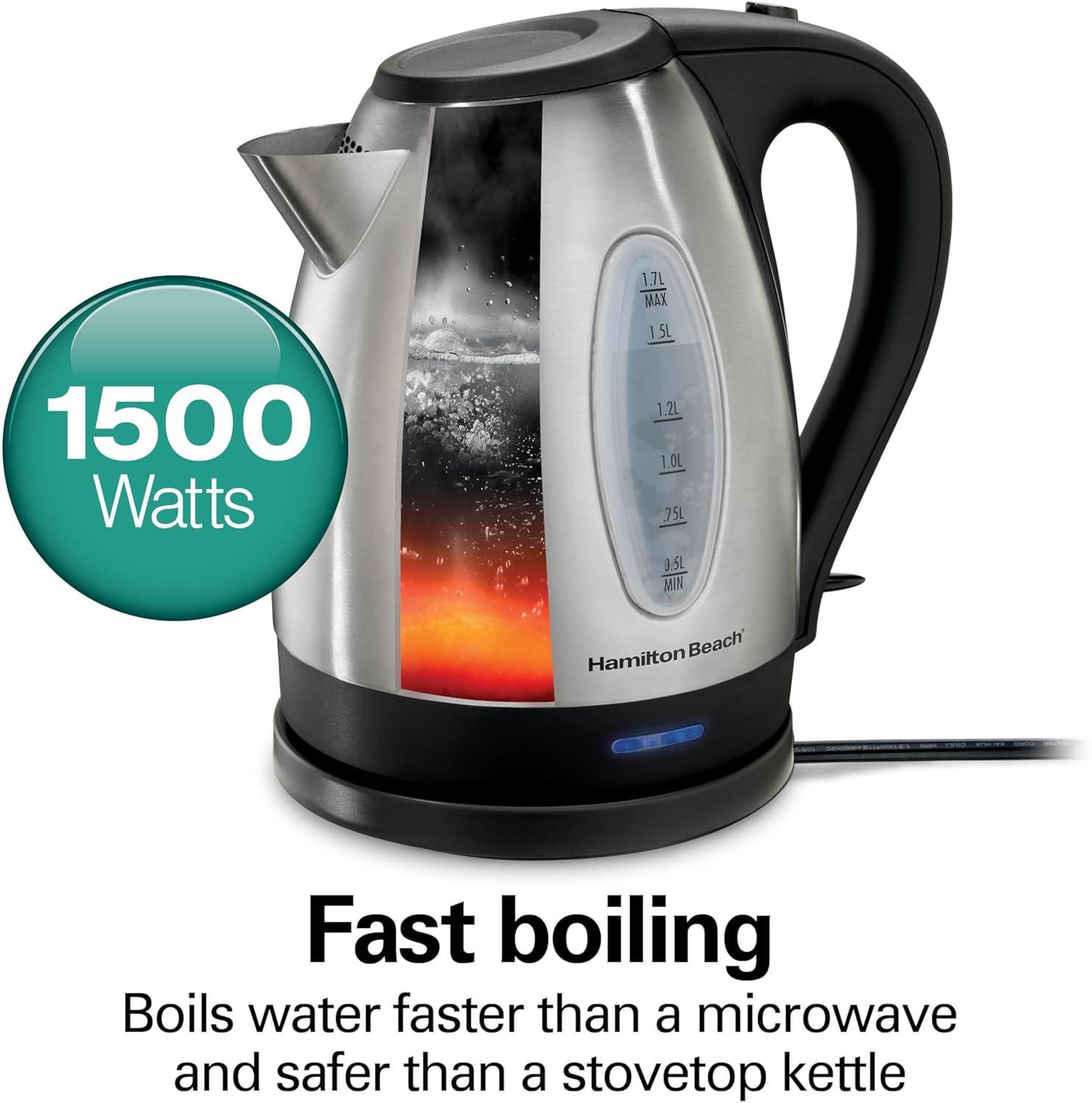 imageHamilton Beach Electric Tea Kettle Water Boiler amp Heater 17 Liter Cordless Serving 1500 Watts for Fast Boiling AutoShutoff and BoilDry Protection Stainless Steel 40880BPA Free Stainless Steel