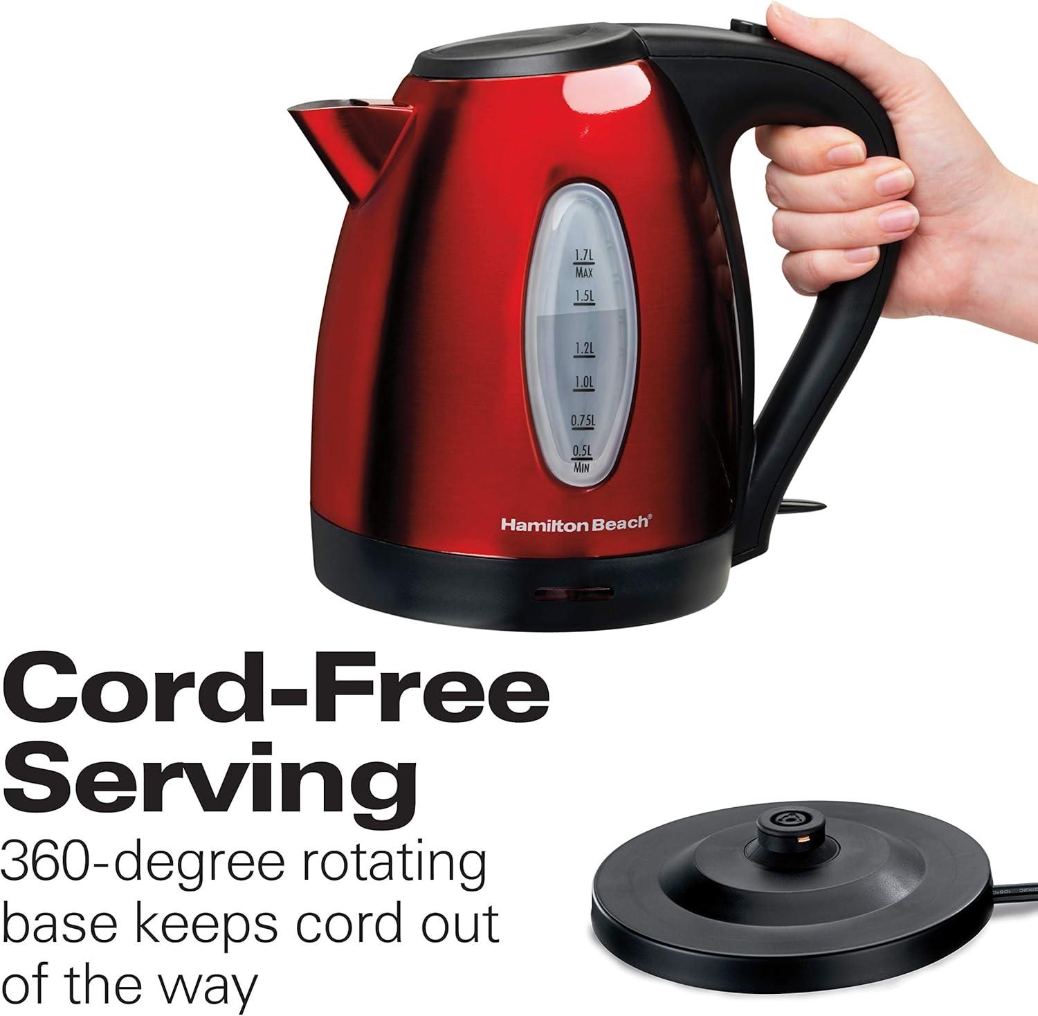 imageHamilton Beach Electric Tea Kettle Water Boiler amp Heater 17 Liter Cordless Serving 1500 Watts for Fast Boiling AutoShutoff and BoilDry Protection Stainless Steel 40880BPAFree Red