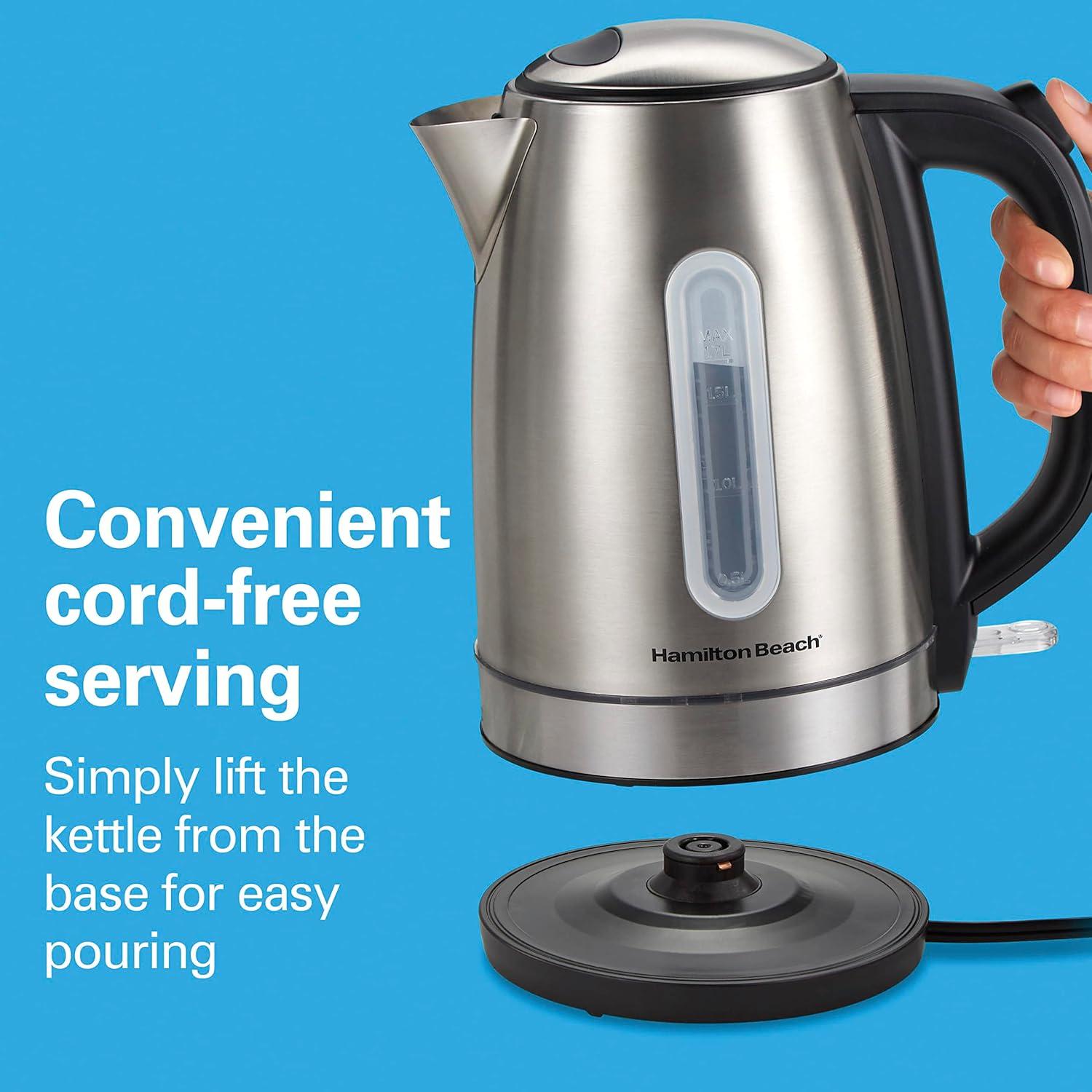 imageHamilton Beach Electric Tea Kettle Water Boiler amp Heater 17 Liter Cordless Serving 1500 Watts for Fast Boiling AutoShutoff and BoilDry Protection Stainless Steel with LED Light Ring 41037Stainless Steel with LED Light Ring