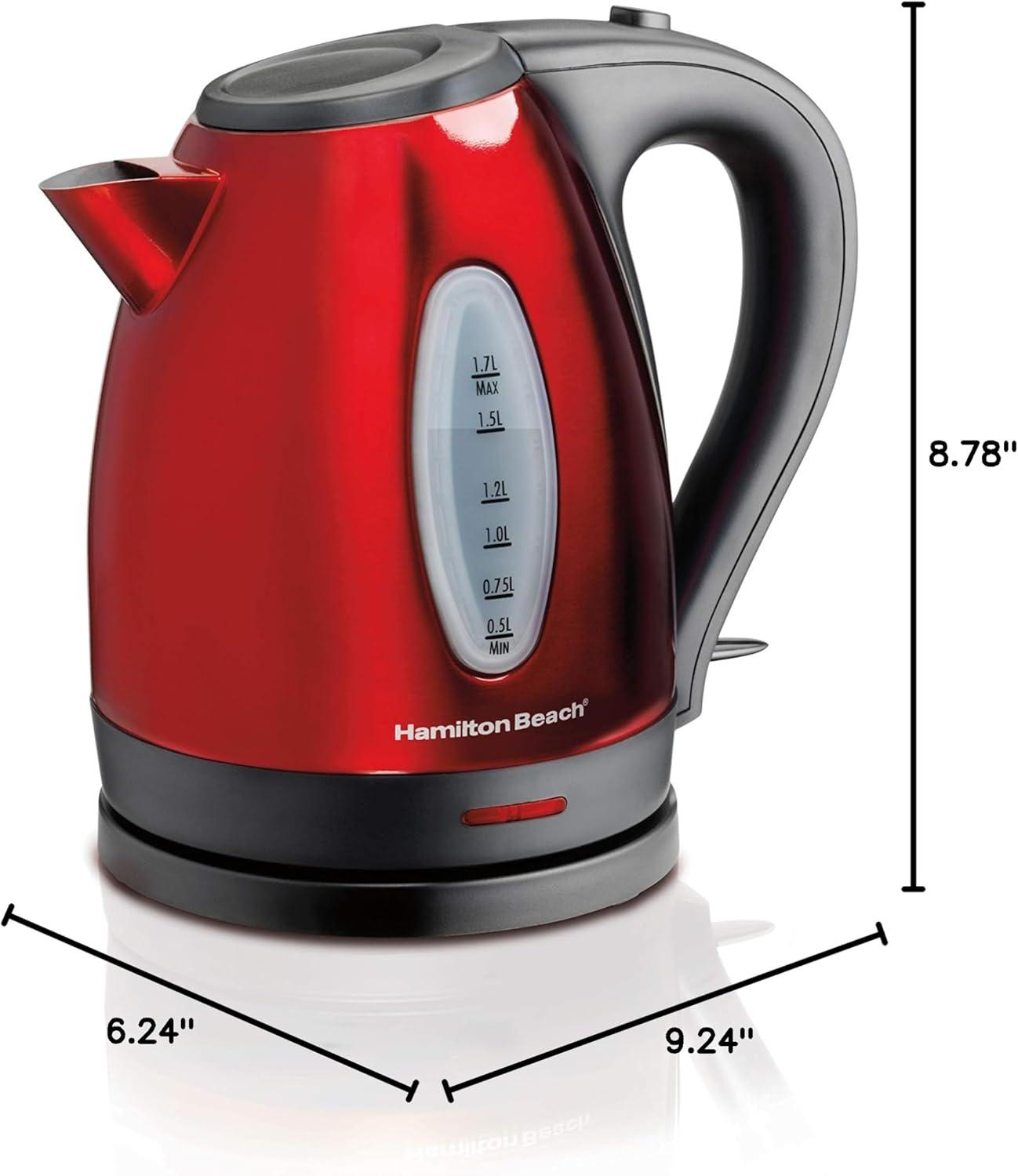 imageHamilton Beach Electric Tea Kettle Water Boiler amp Heater 17 Liter Cordless Serving 1500 Watts for Fast Boiling AutoShutoff and BoilDry Protection Stainless Steel 40880BPAFree Red