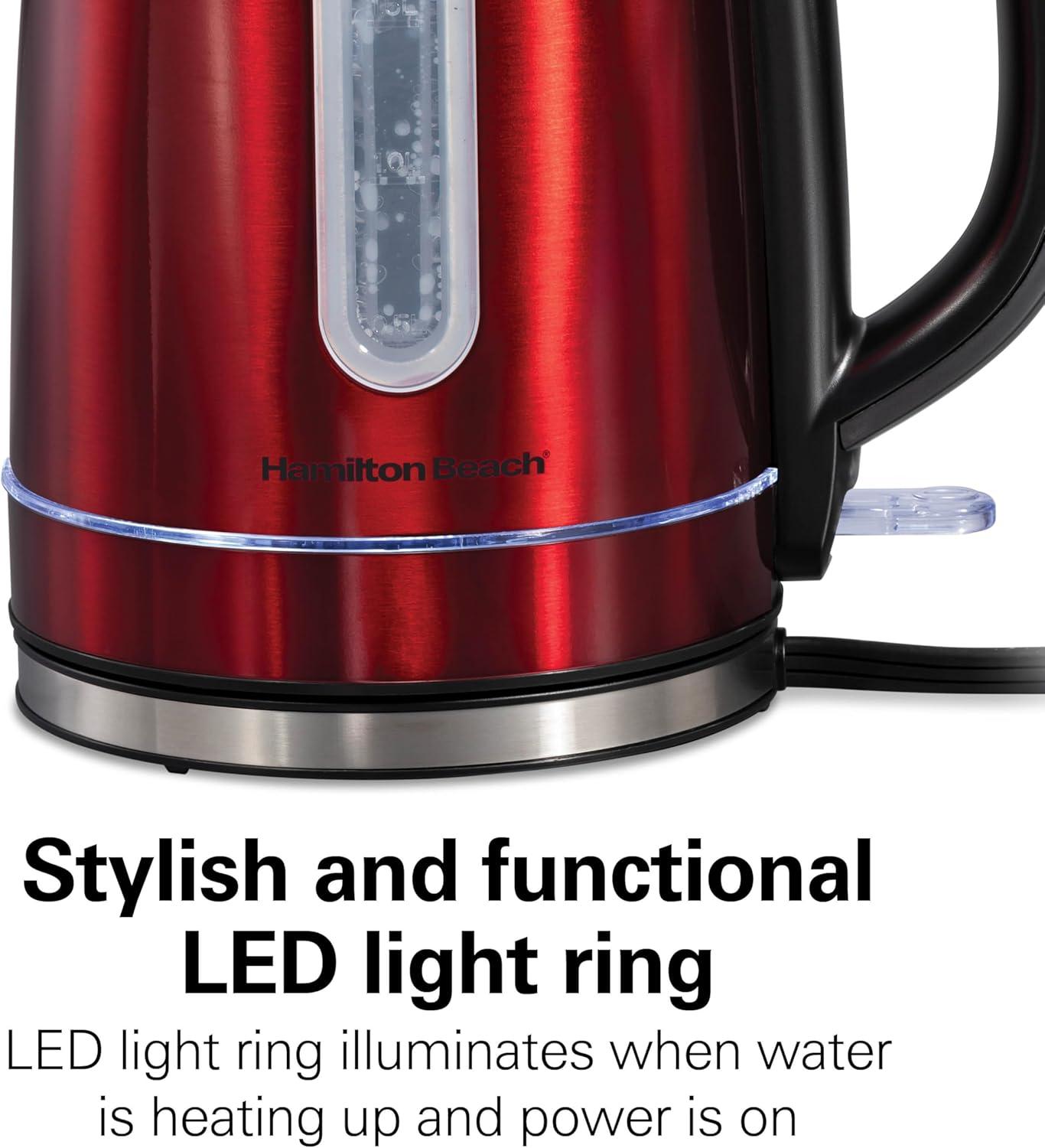 imageHamilton Beach Electric Tea Kettle Water Boiler amp Heater 17 Liter Cordless Serving 1500 Watts for Fast Boiling AutoShutoff and BoilDry Protection Stainless Steel with LED Light Ring 41037Red with LED Light Ring