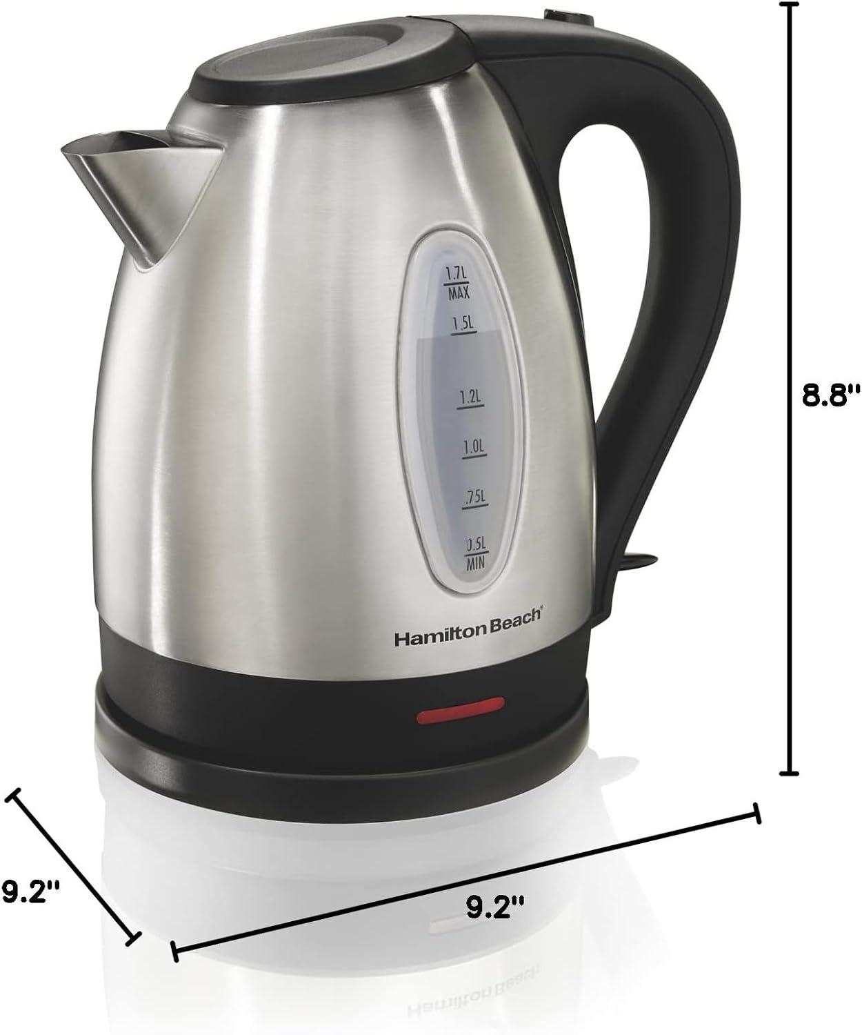 imageHamilton Beach Electric Tea Kettle Water Boiler amp Heater 17 Liter Cordless Serving 1500 Watts for Fast Boiling AutoShutoff and BoilDry Protection Stainless Steel 40880BPA Free Stainless Steel