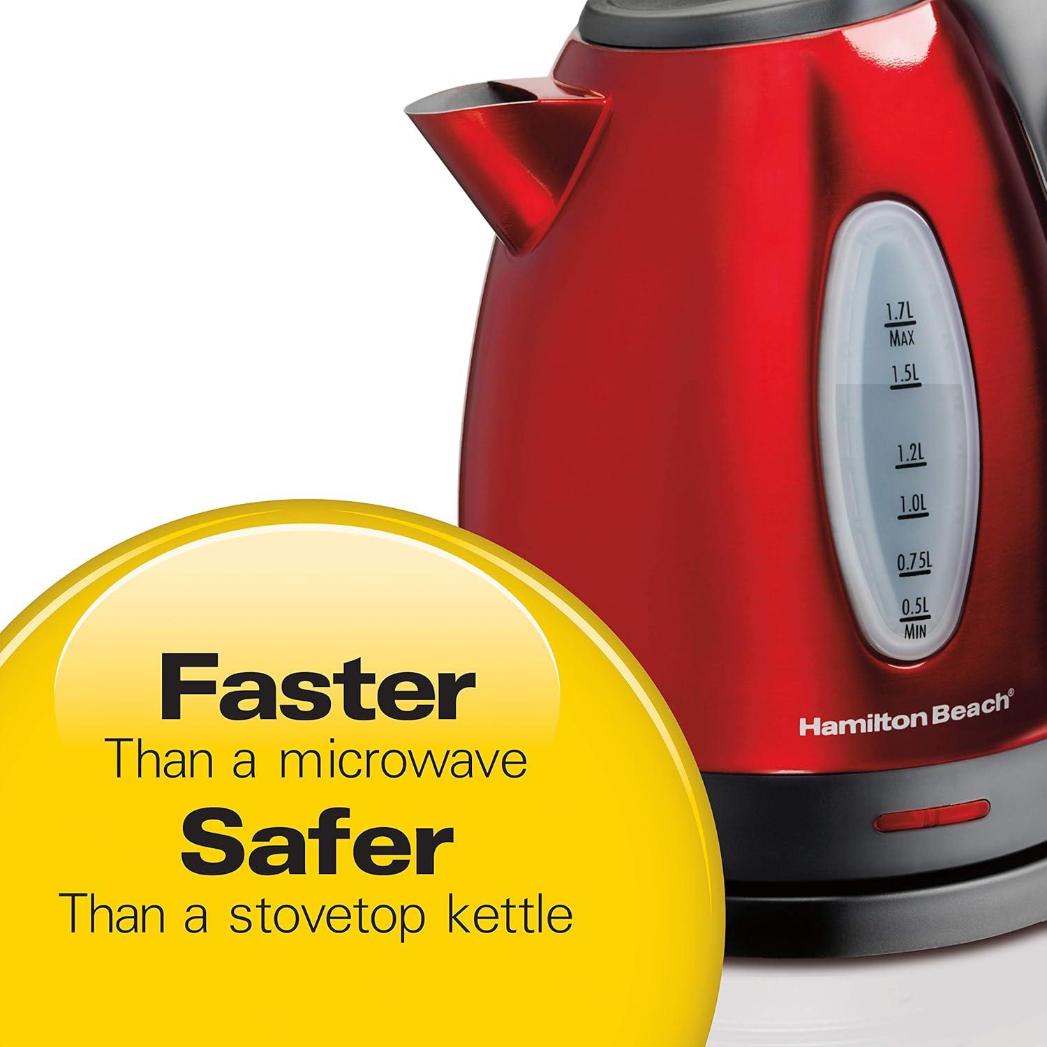 imageHamilton Beach Electric Tea Kettle Water Boiler amp Heater 17 Liter Cordless Serving 1500 Watts for Fast Boiling AutoShutoff and BoilDry Protection Stainless Steel 40880BPAFree Red