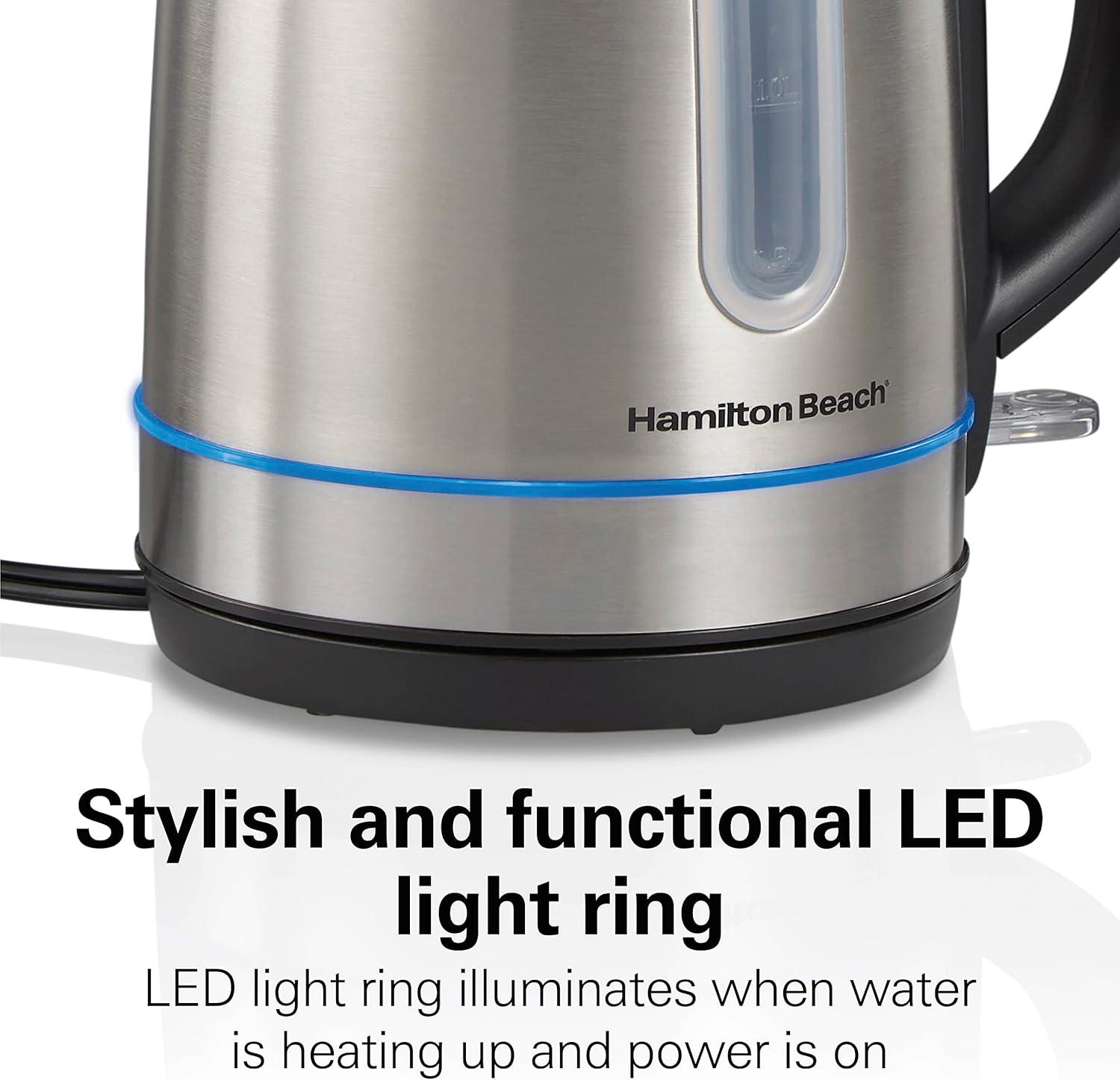 imageHamilton Beach Electric Tea Kettle Water Boiler amp Heater 17 Liter Cordless Serving 1500 Watts for Fast Boiling AutoShutoff and BoilDry Protection Stainless Steel with LED Light Ring 41037Stainless Steel with LED Light Ring