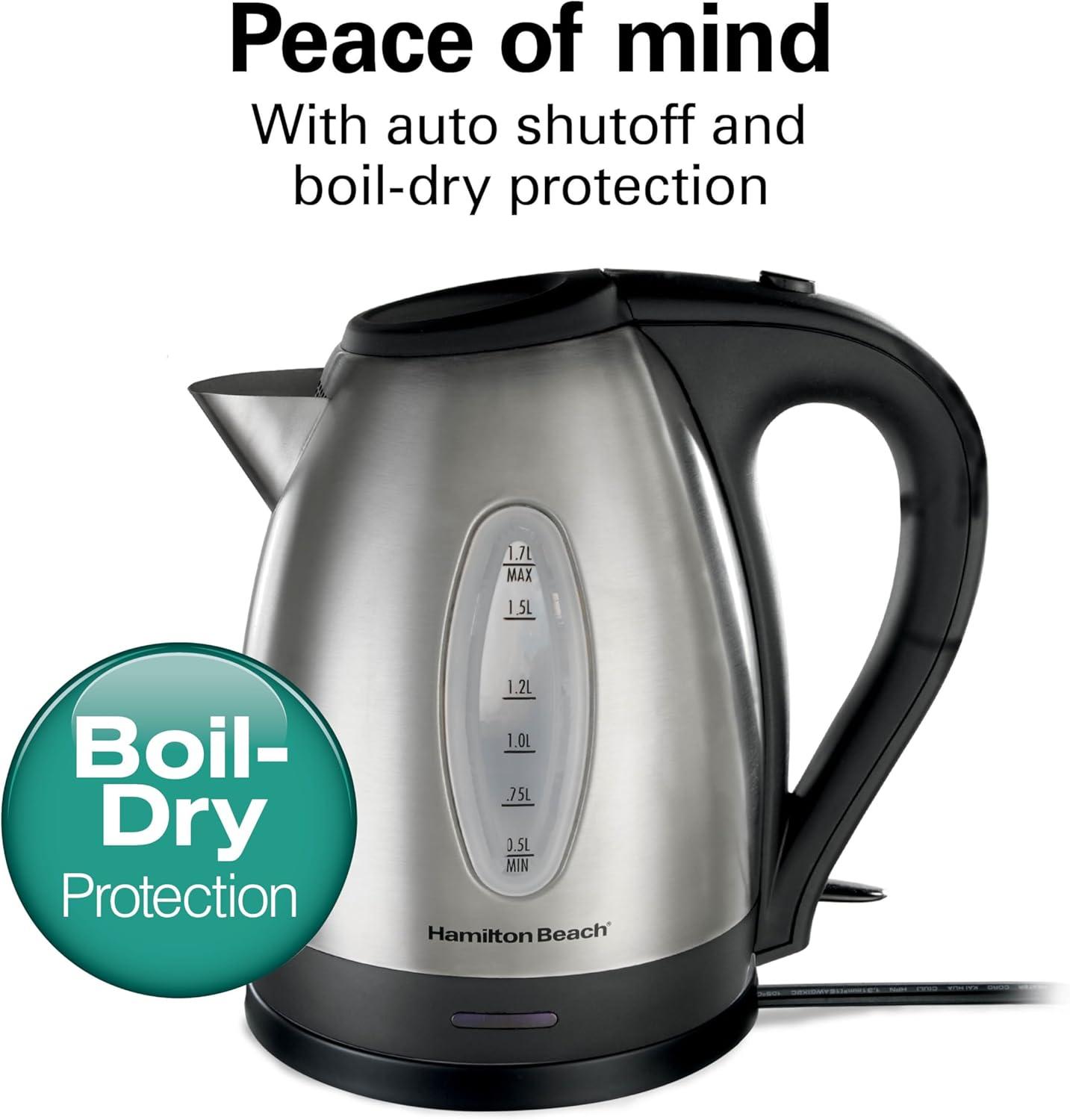imageHamilton Beach Electric Tea Kettle Water Boiler amp Heater 17 Liter Cordless Serving 1500 Watts for Fast Boiling AutoShutoff and BoilDry Protection Stainless Steel 40880BPA Free Stainless Steel