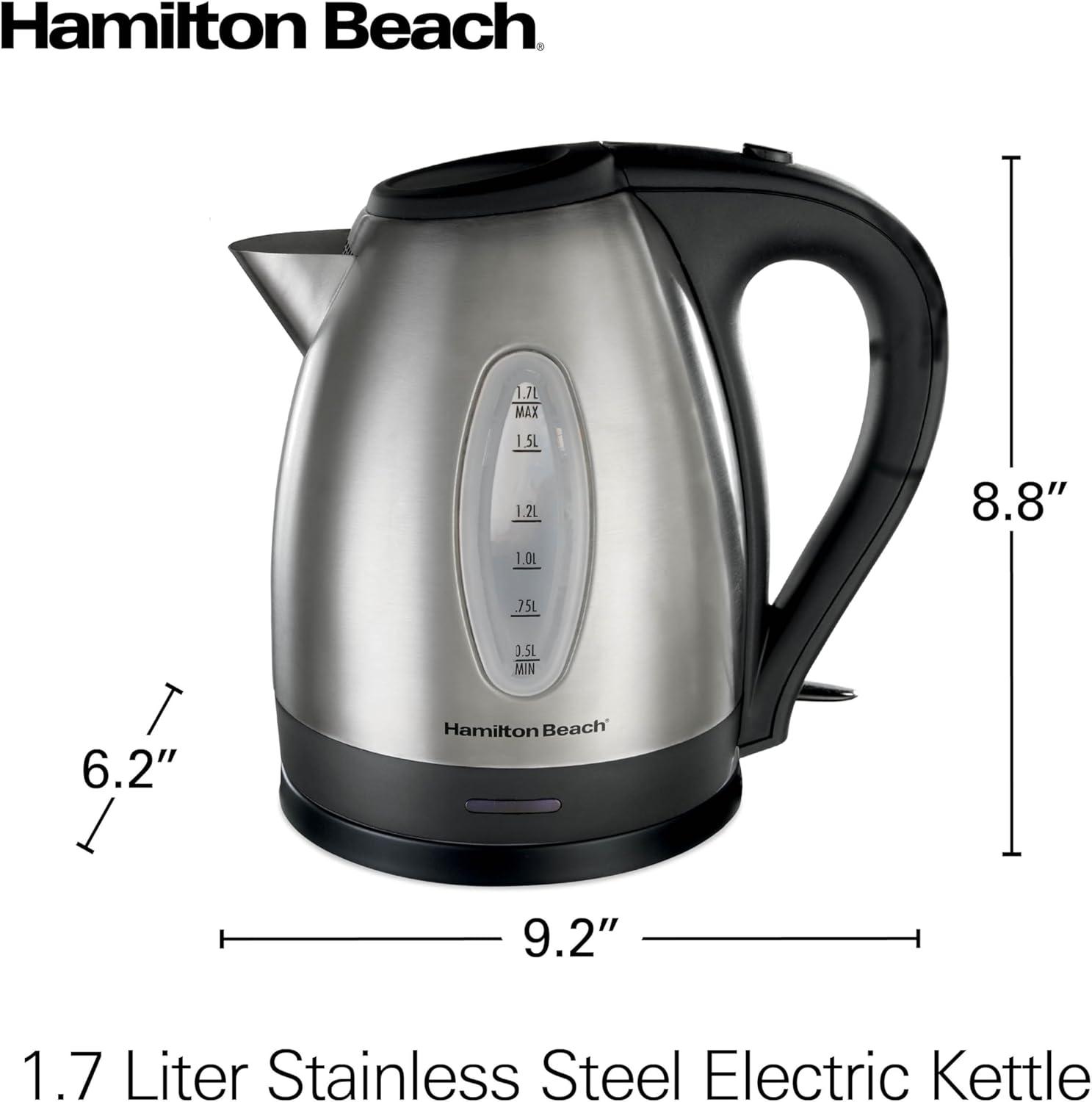 imageHamilton Beach Electric Tea Kettle Water Boiler amp Heater 17 Liter Cordless Serving 1500 Watts for Fast Boiling AutoShutoff and BoilDry Protection Stainless Steel 40880BPA Free Stainless Steel